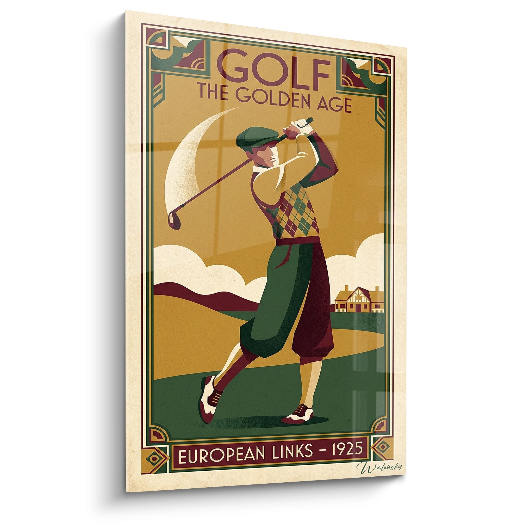 Tableau golf vintage style Art Déco représentant un golfeur élégant des années 1925 sur terrain européen