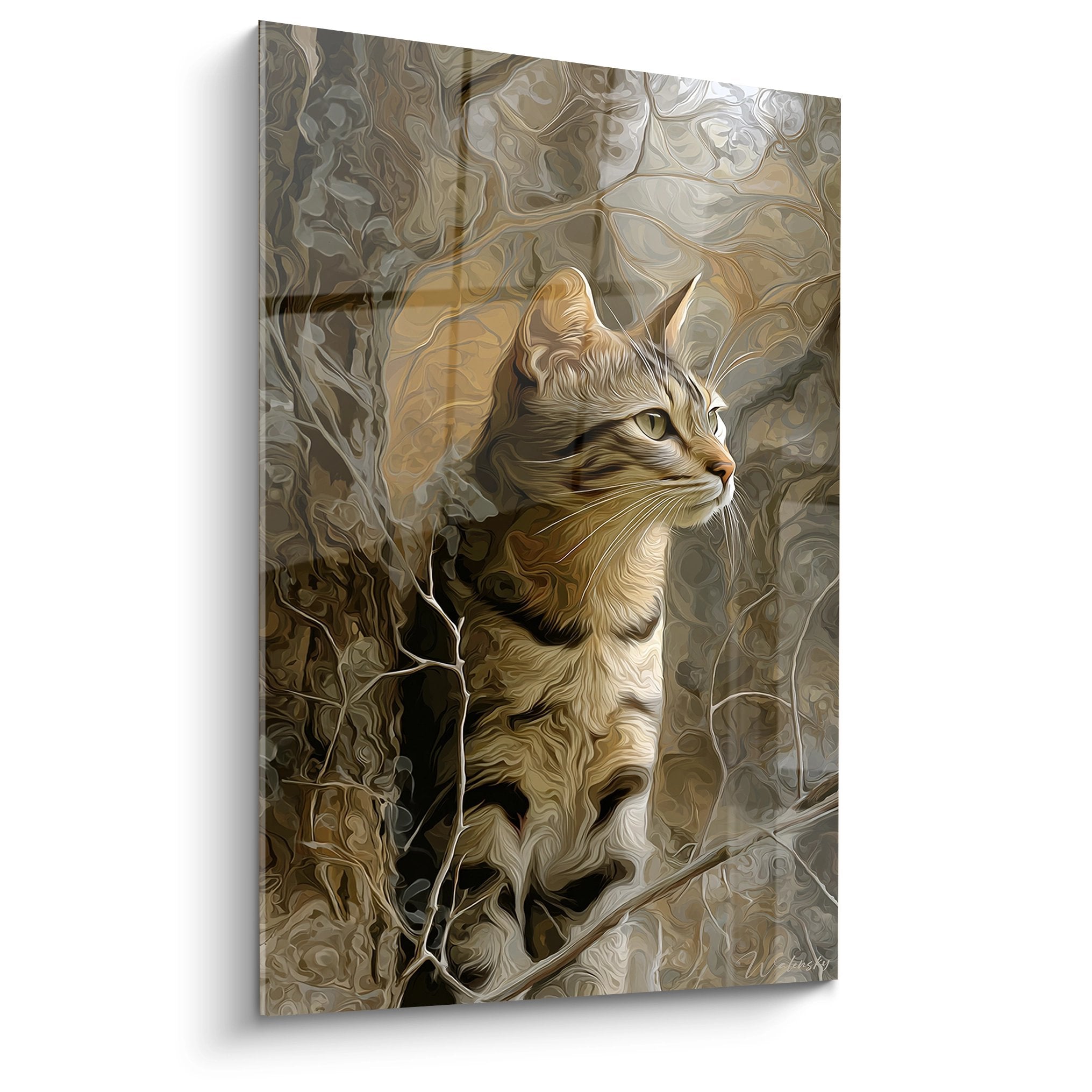 Stylized wall art of a contemplative Sokoke cat in warm tones, gazing toward the horizon with serenity