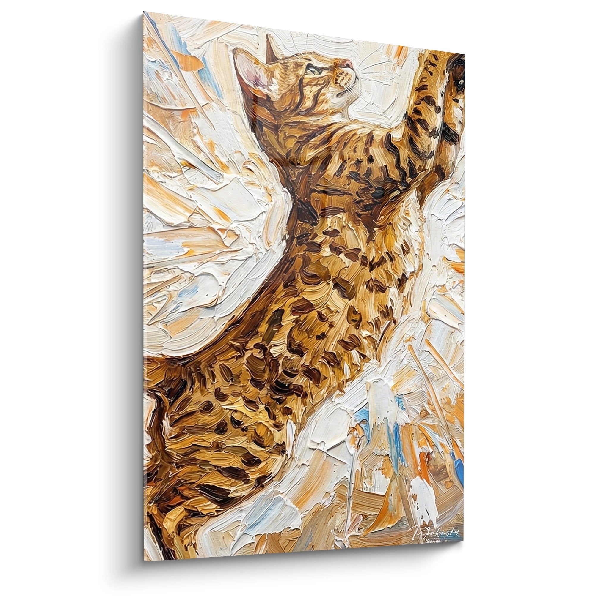 Tableau mural chat Ocicat technique impasto tons dores et blancs decoration moderne art felin expressif