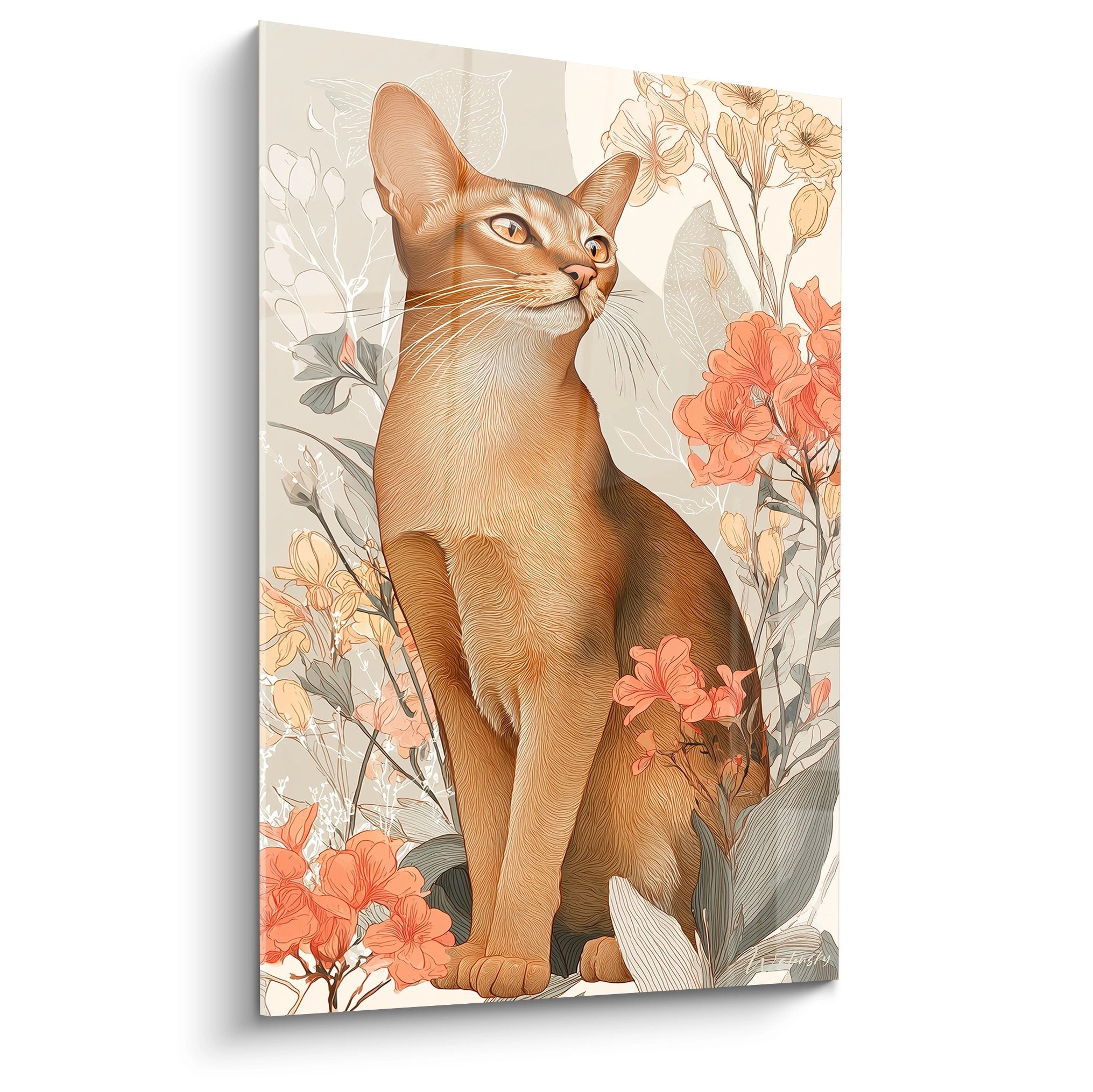 Quadro artistico gatto Abissino rosso seduto tra fiori corallo e beige stile botanico vintage decorazione murale