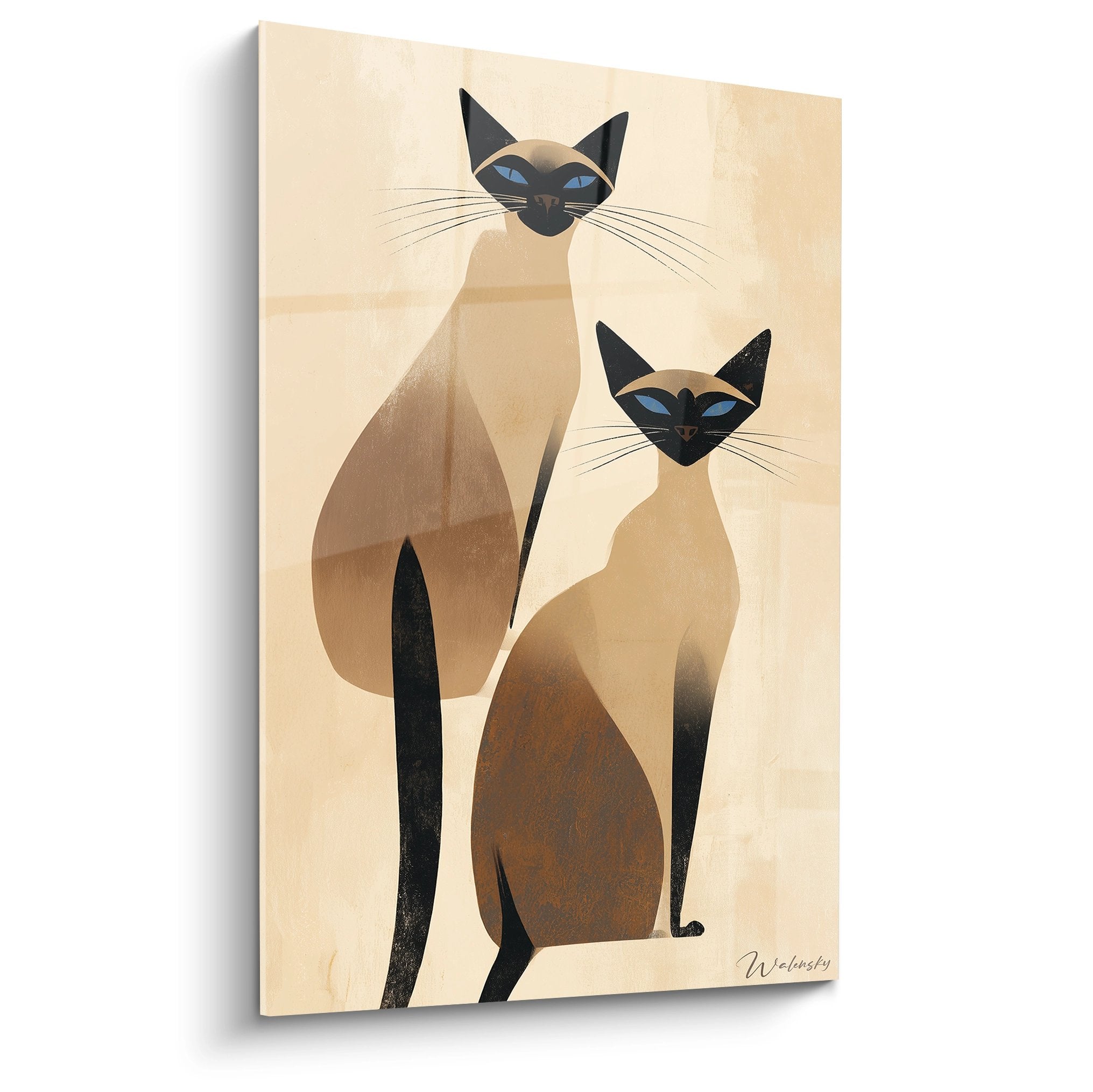 Modern artwork depicting two Siamese cats in a minimalist geometric style with beige tones
