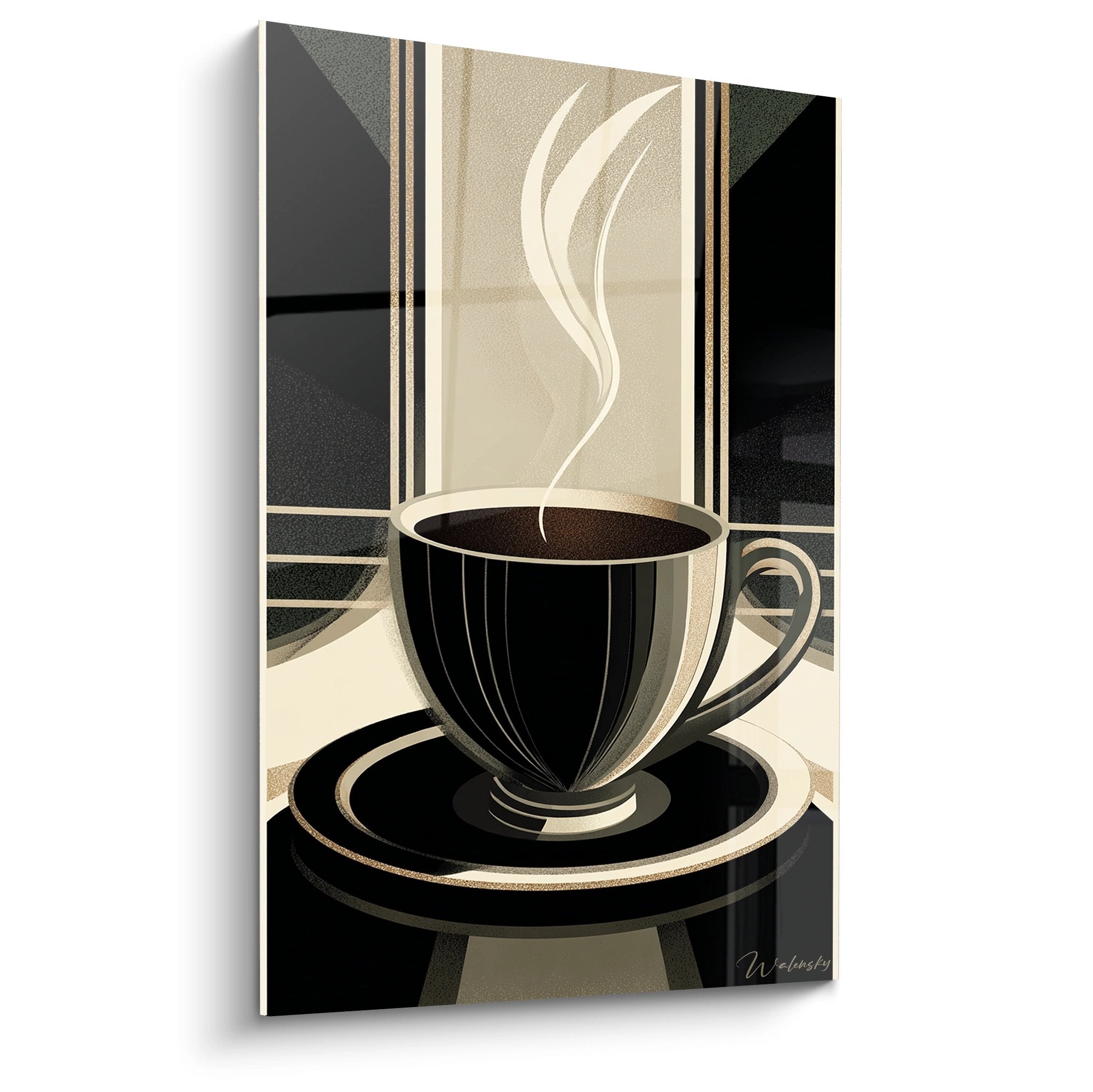 Tableau art déco représentant une tasse de café noire élégante avec vapeur sur fond géométrique beige et noir
