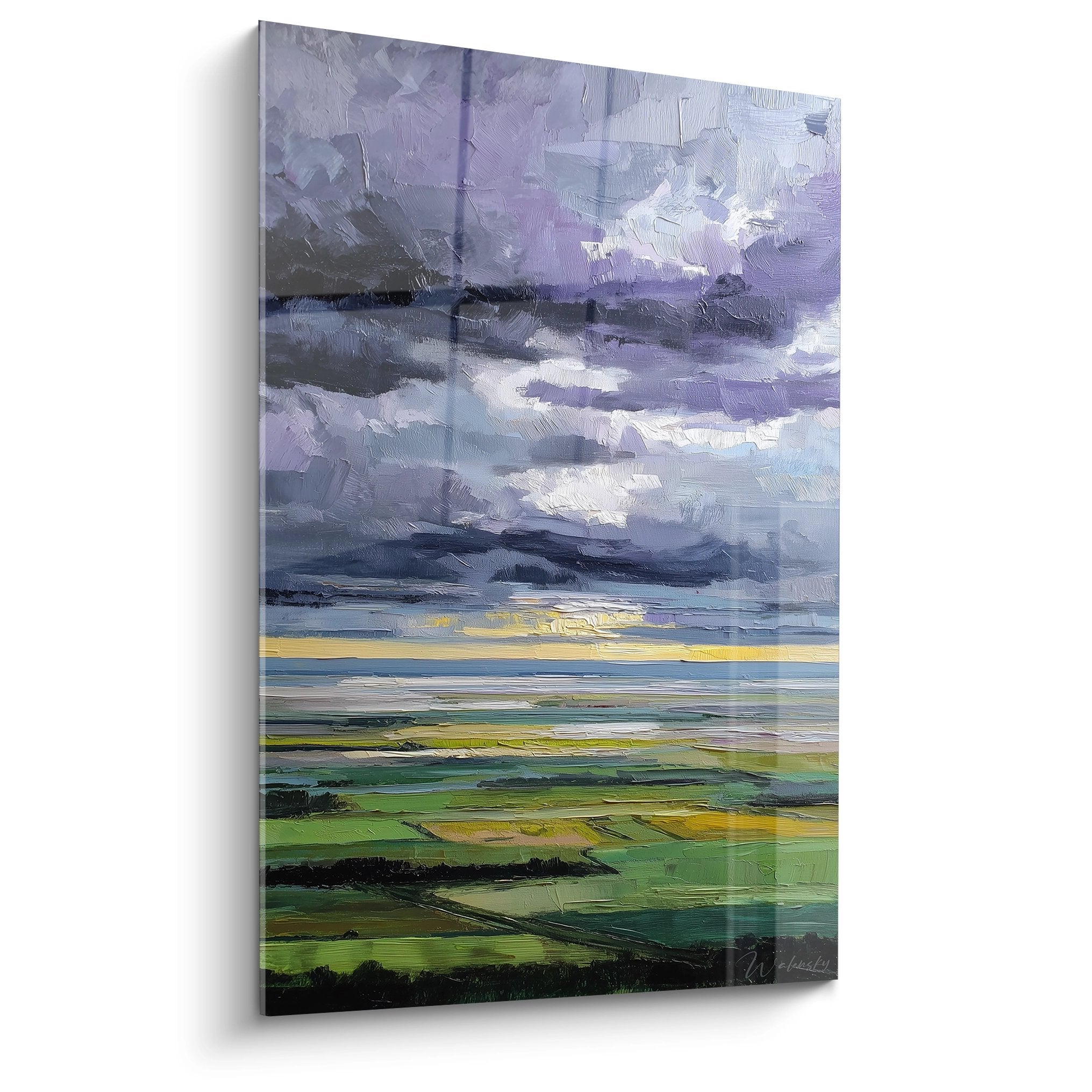 Dipinto paesaggio normanno con cielo temporalesco viola e campi verdi, pittura a spatola stile impressionista