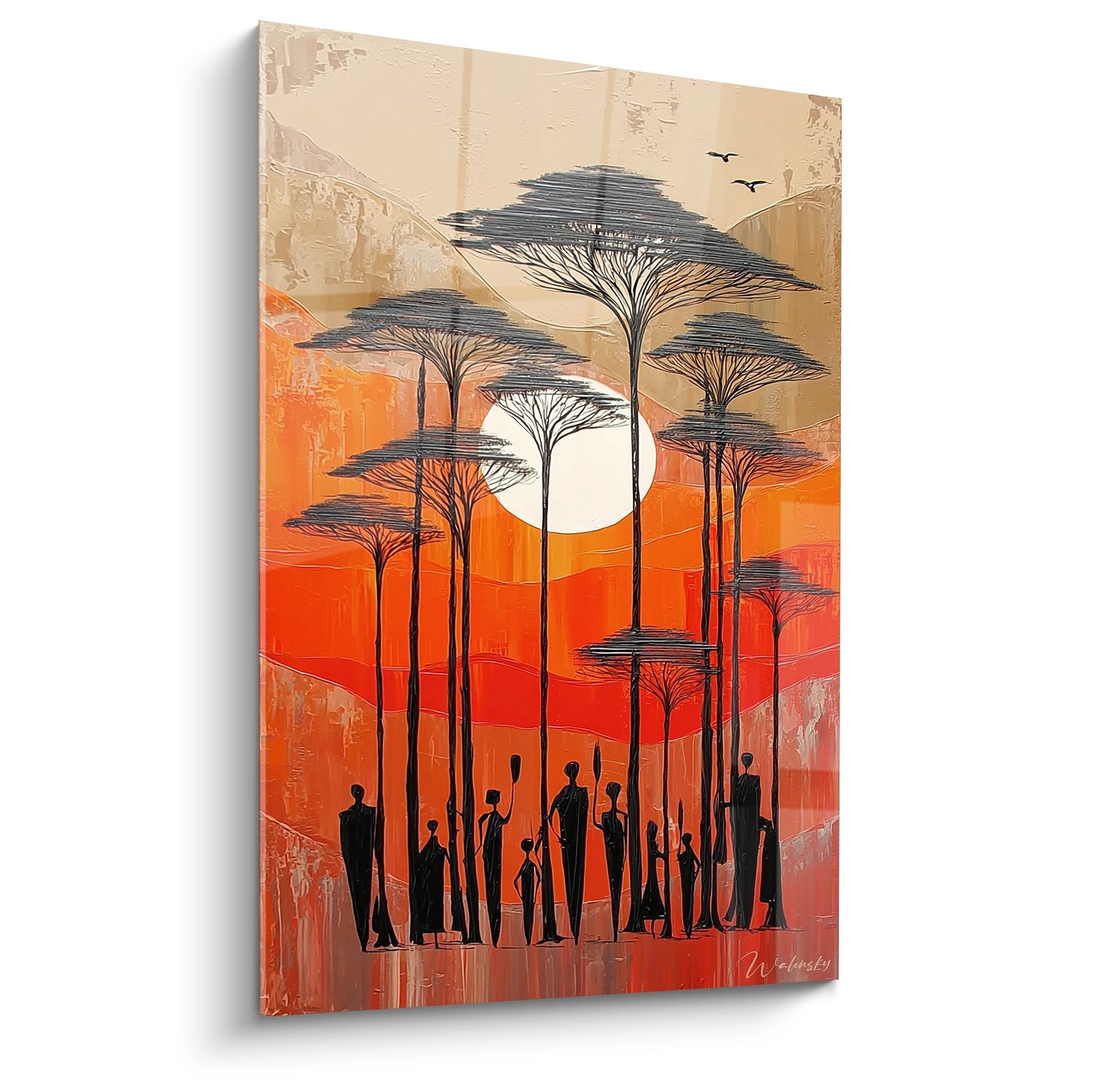 Quadro tramonto africano con acacie e silhouette umane, toni arancioni e rossi, arte murale savana