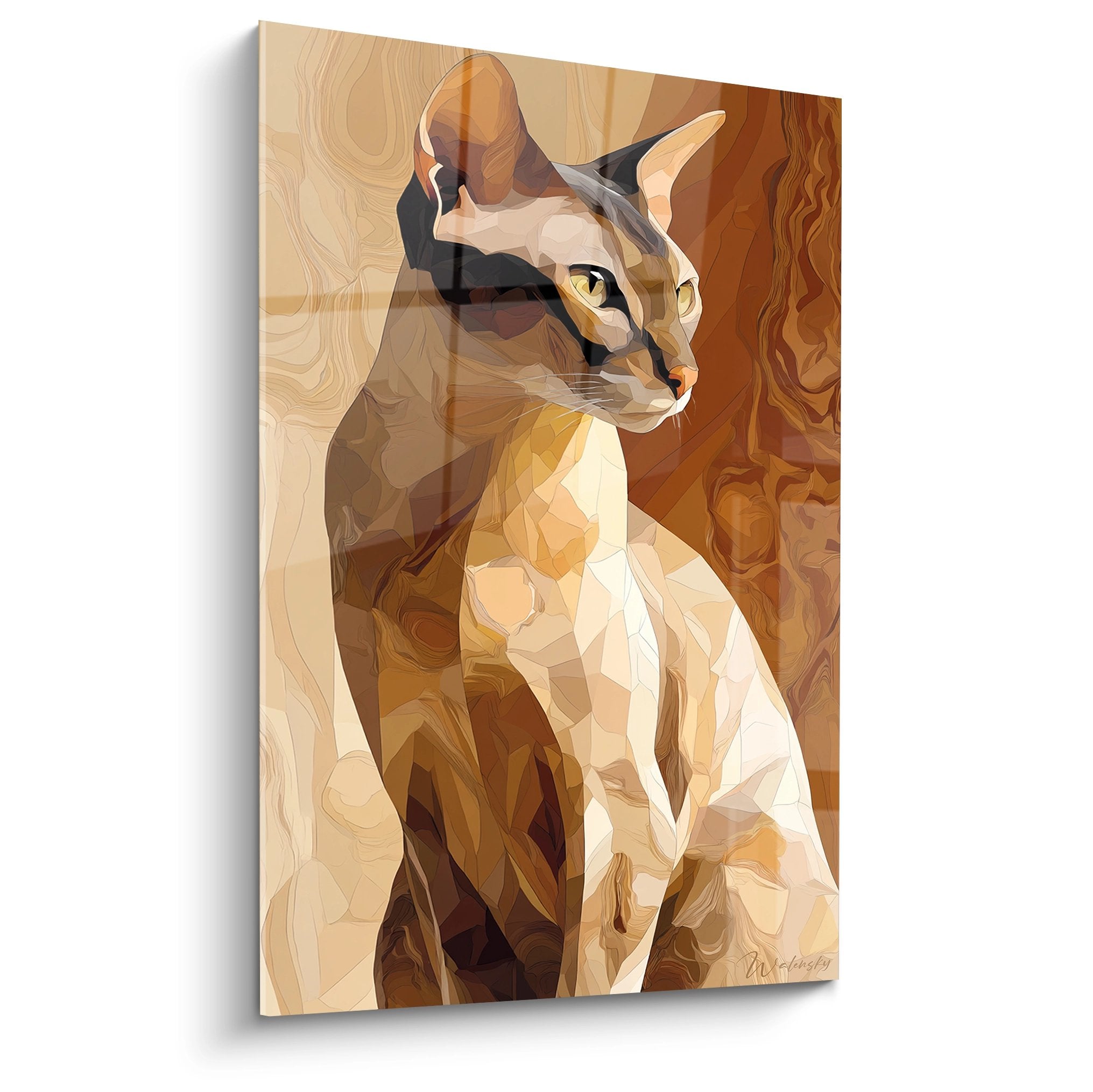Tableau chat Sokoke style polygonal, portrait artistique moderne aux tons ocre et beige sur toile