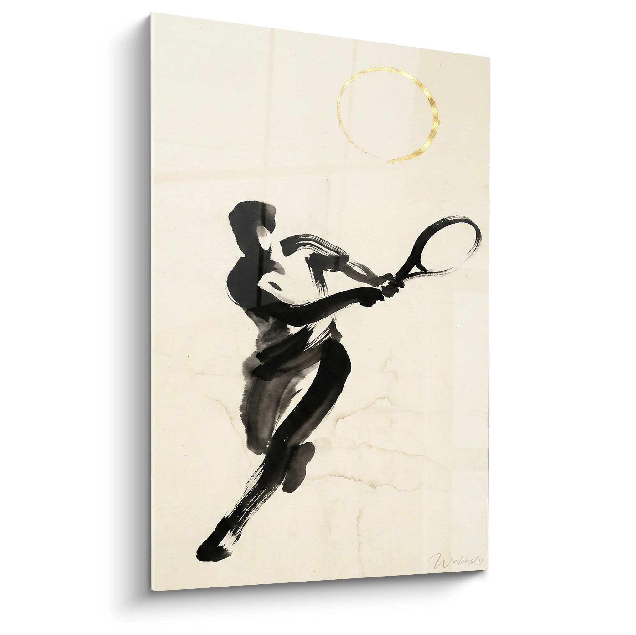Tableau tennis zen représentant joueur en mouvement à l'encre noire avec cercle doré sur fond beige