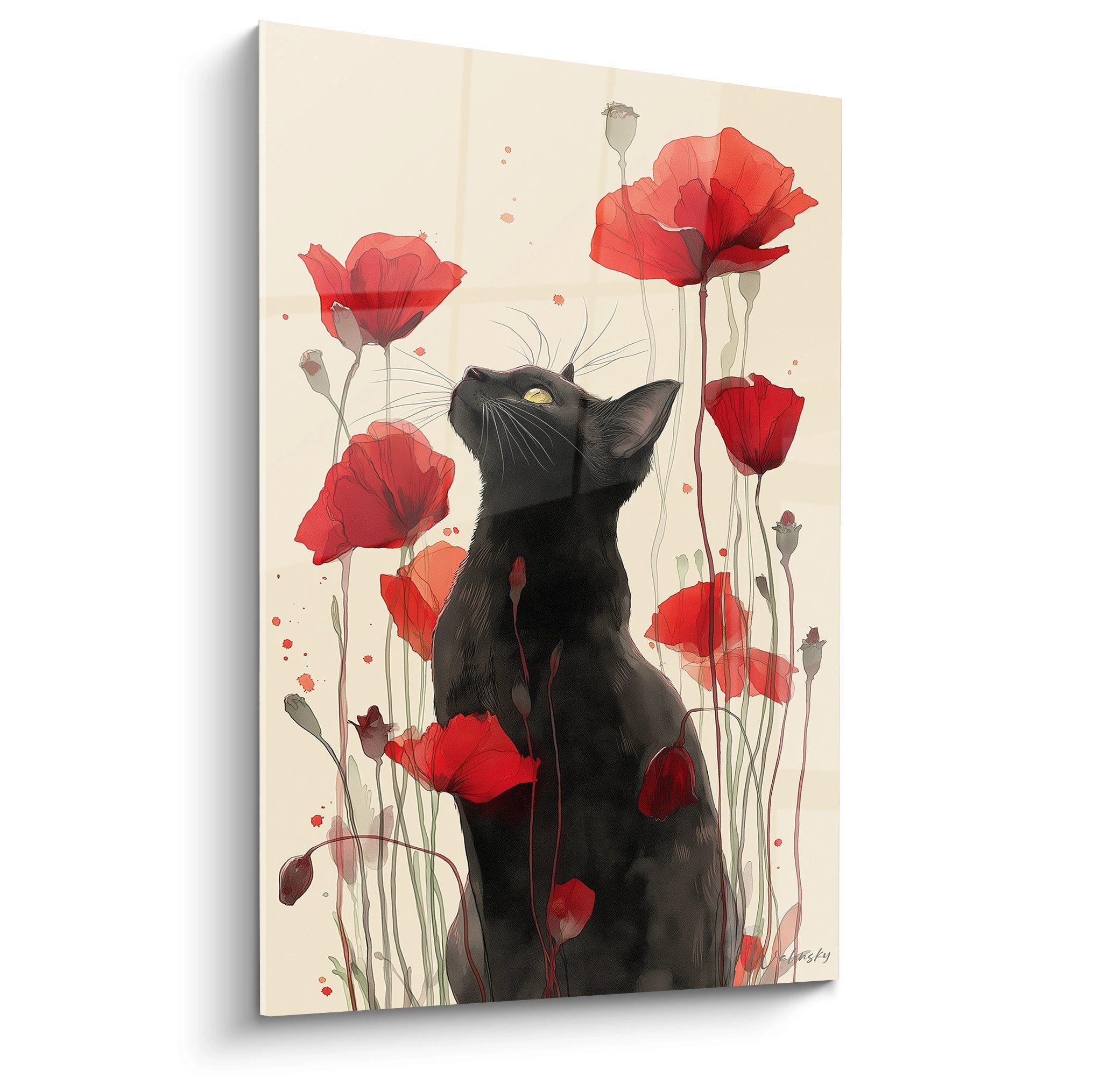 Tableau artistique chat noir Bombay au milieu de coquelicots rouges sur fond beige, art mural félin élégant