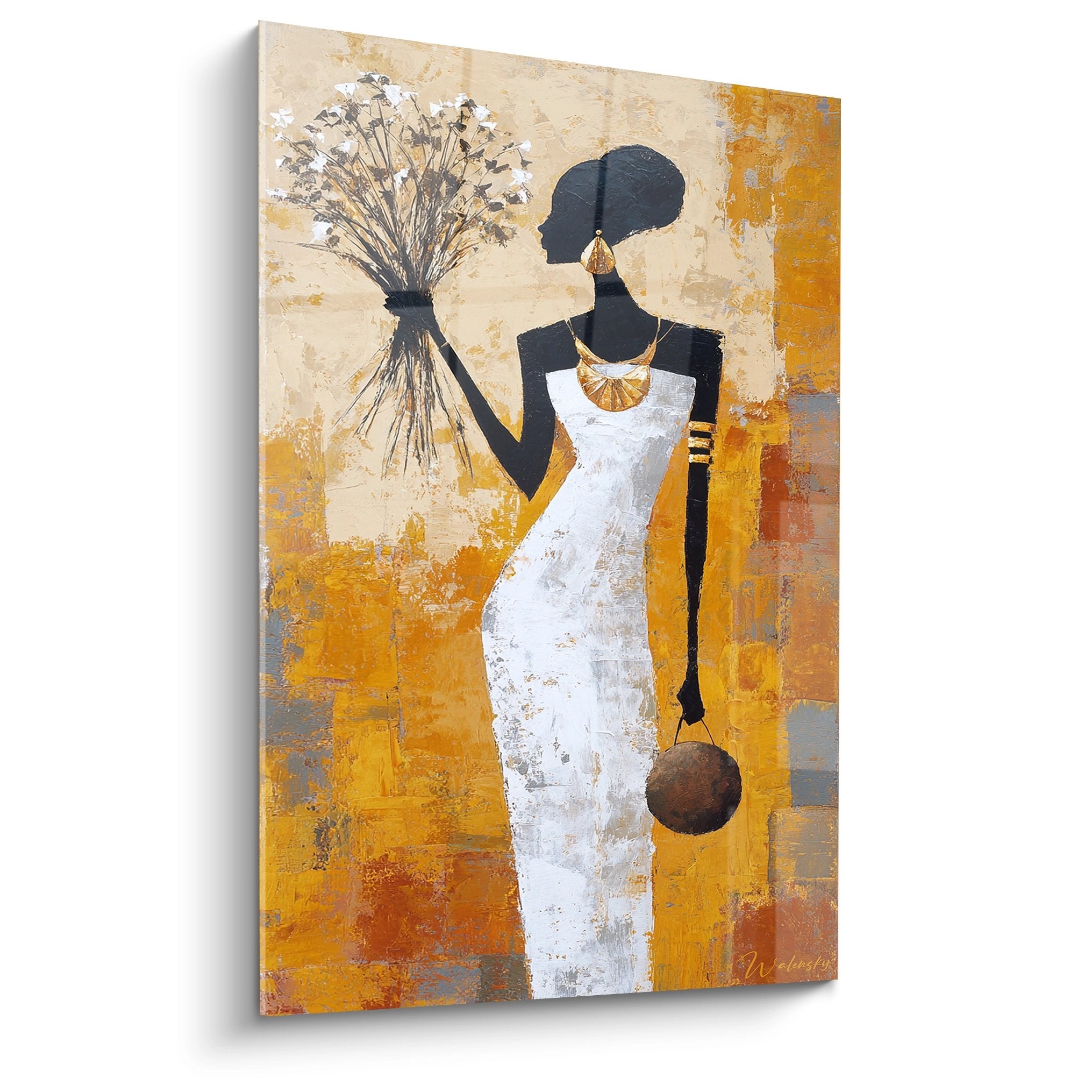 African art painting elegant woman white dress flower bouquet golden ochre background modern wall decoration