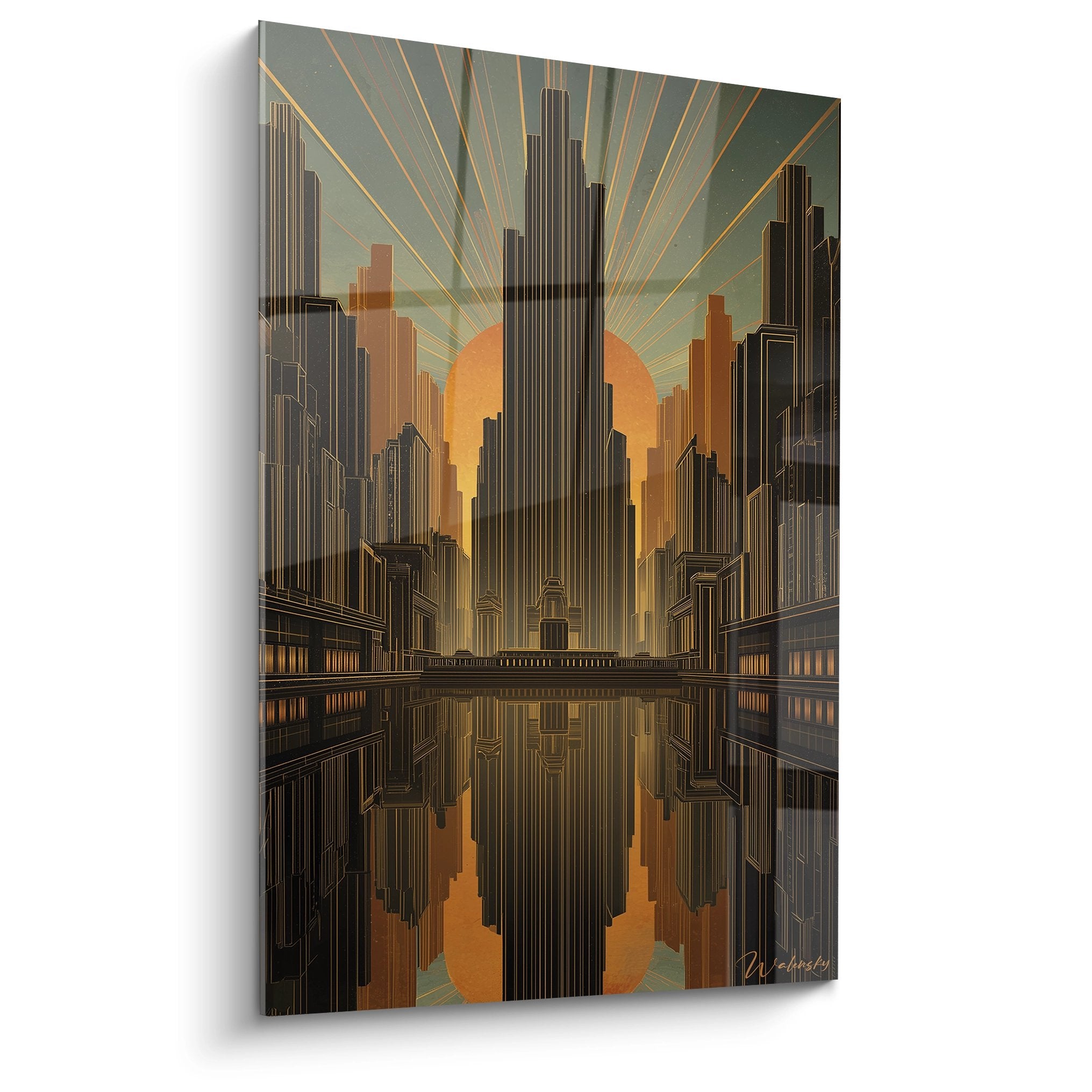 Quadro art déco raffigurante una città futuristica con grattacieli dorati e raggi di sole riflessi nell'acqua