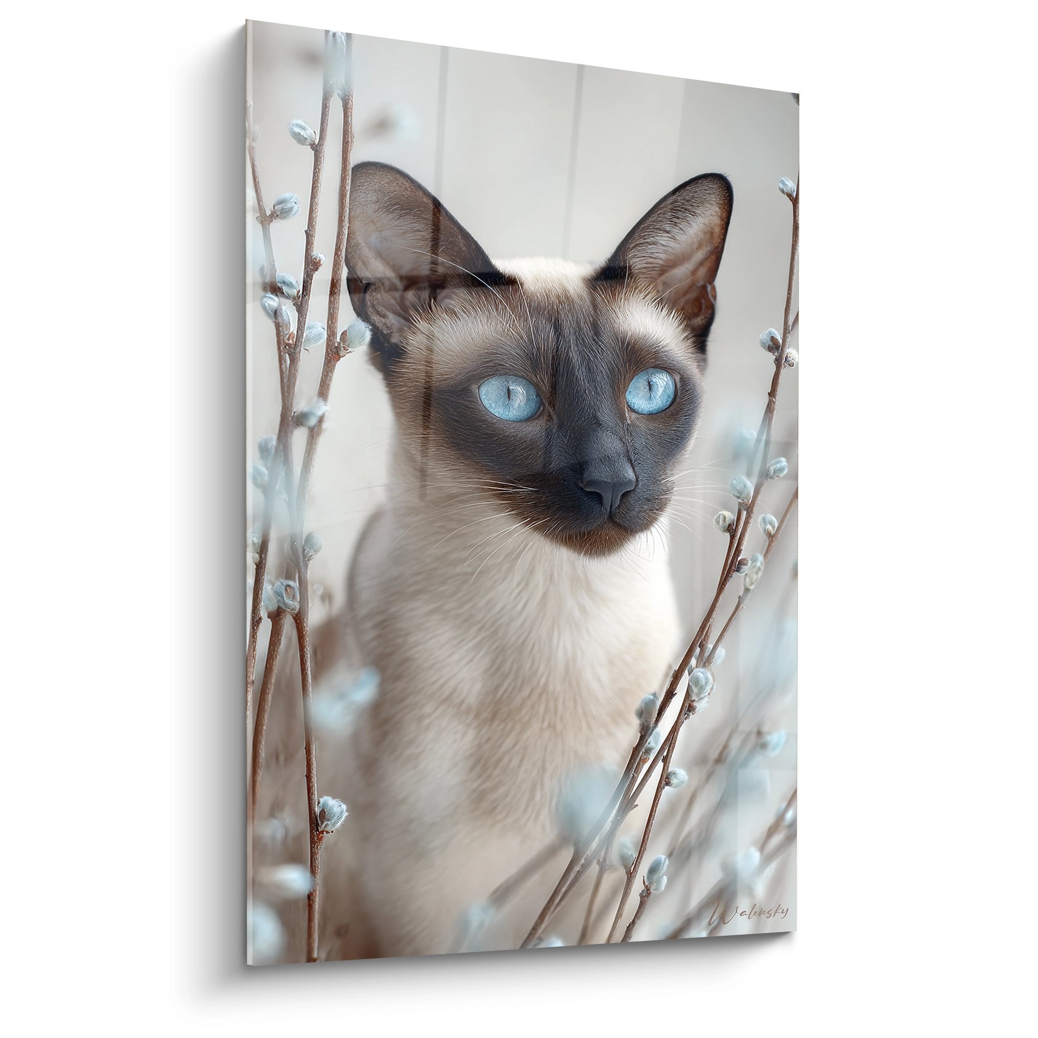 Balinese cat wall art with piercing blue eyes among flowering willow branches, feline art deco