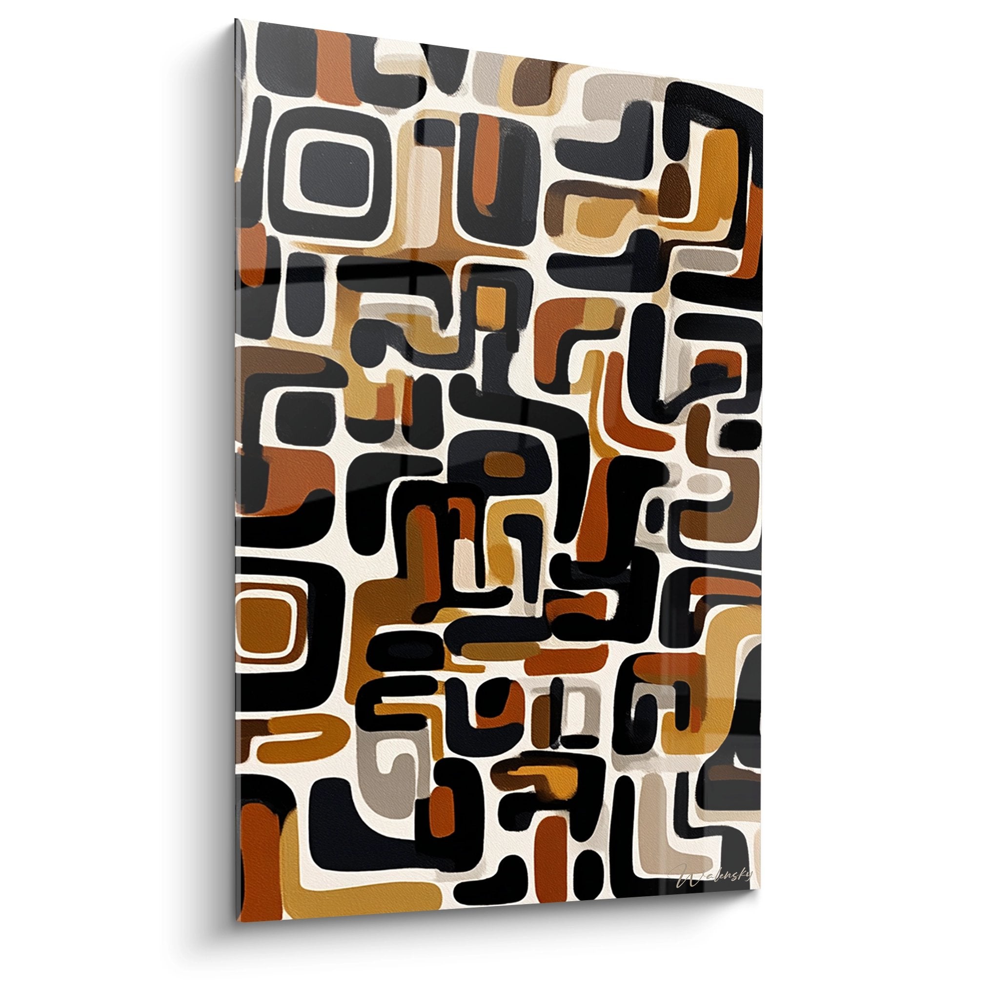 Quadro africano astratto con forme geometriche intrecciate nei toni terra ocra nero e bianco