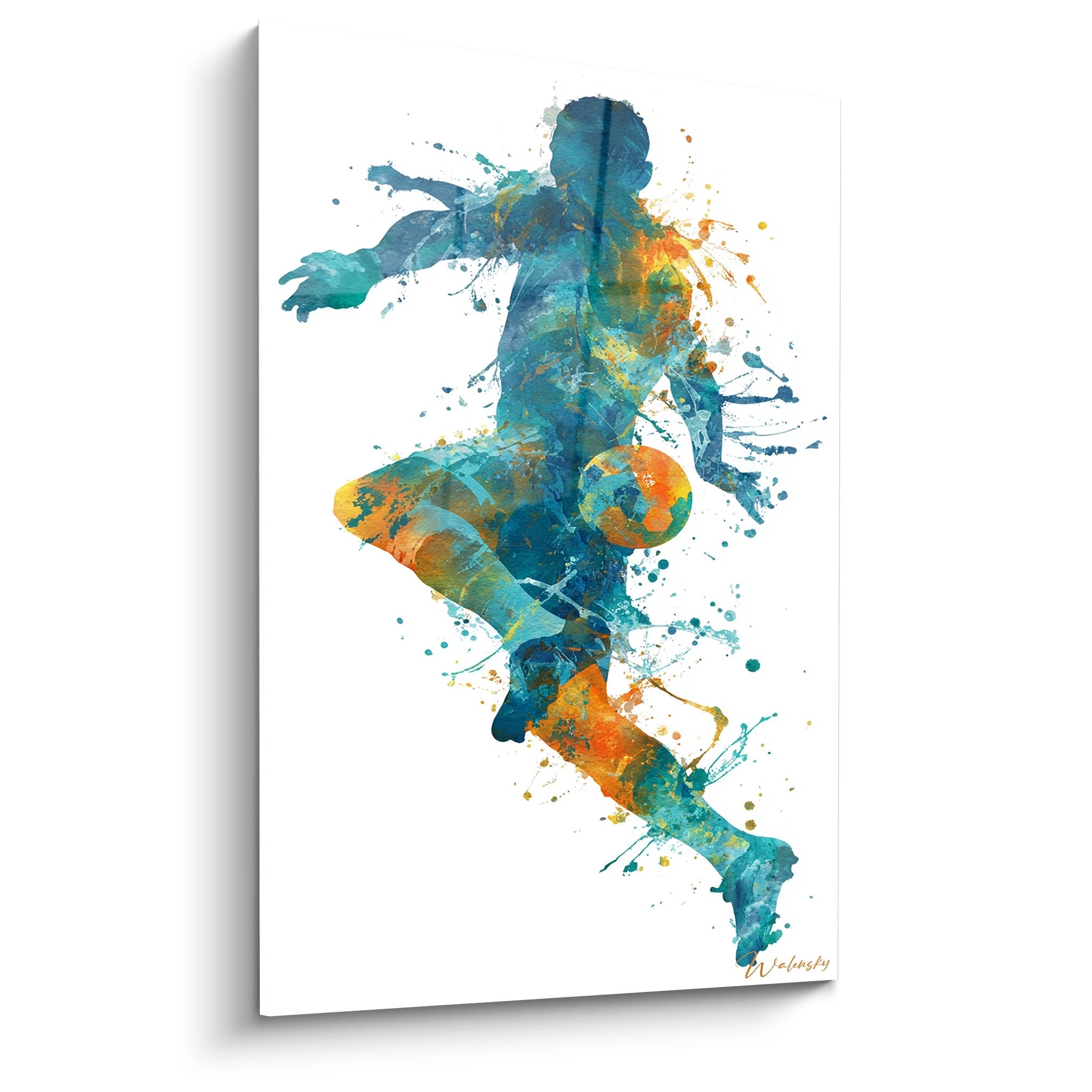 Tableau art moderne footballeur en skateboard style aquarelle eclaboussee bleu orange decoration murale sport