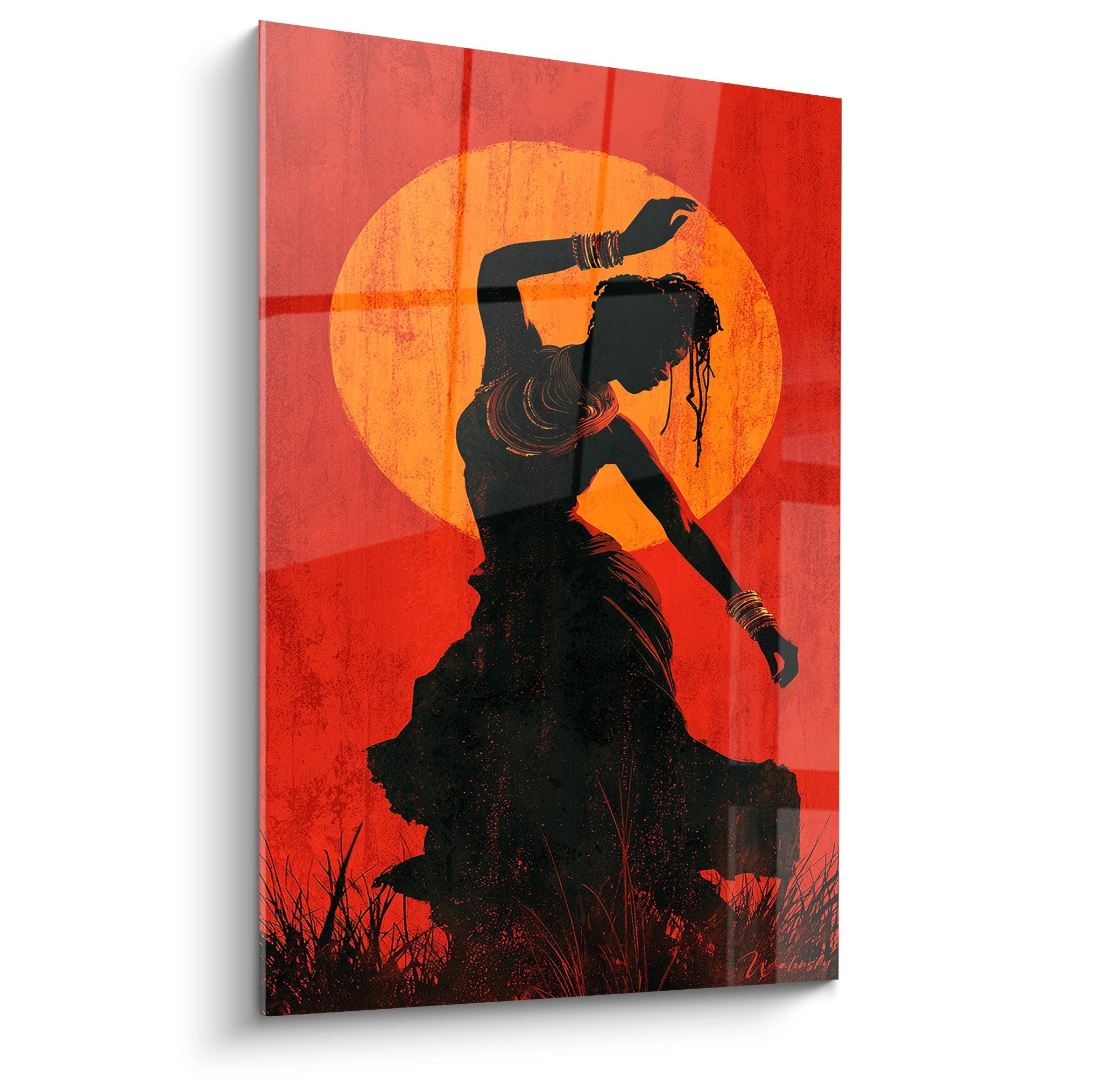 Quadro murale ballerina africana in silhouette davanti al sole arancione, arte moderna danza tradizionale