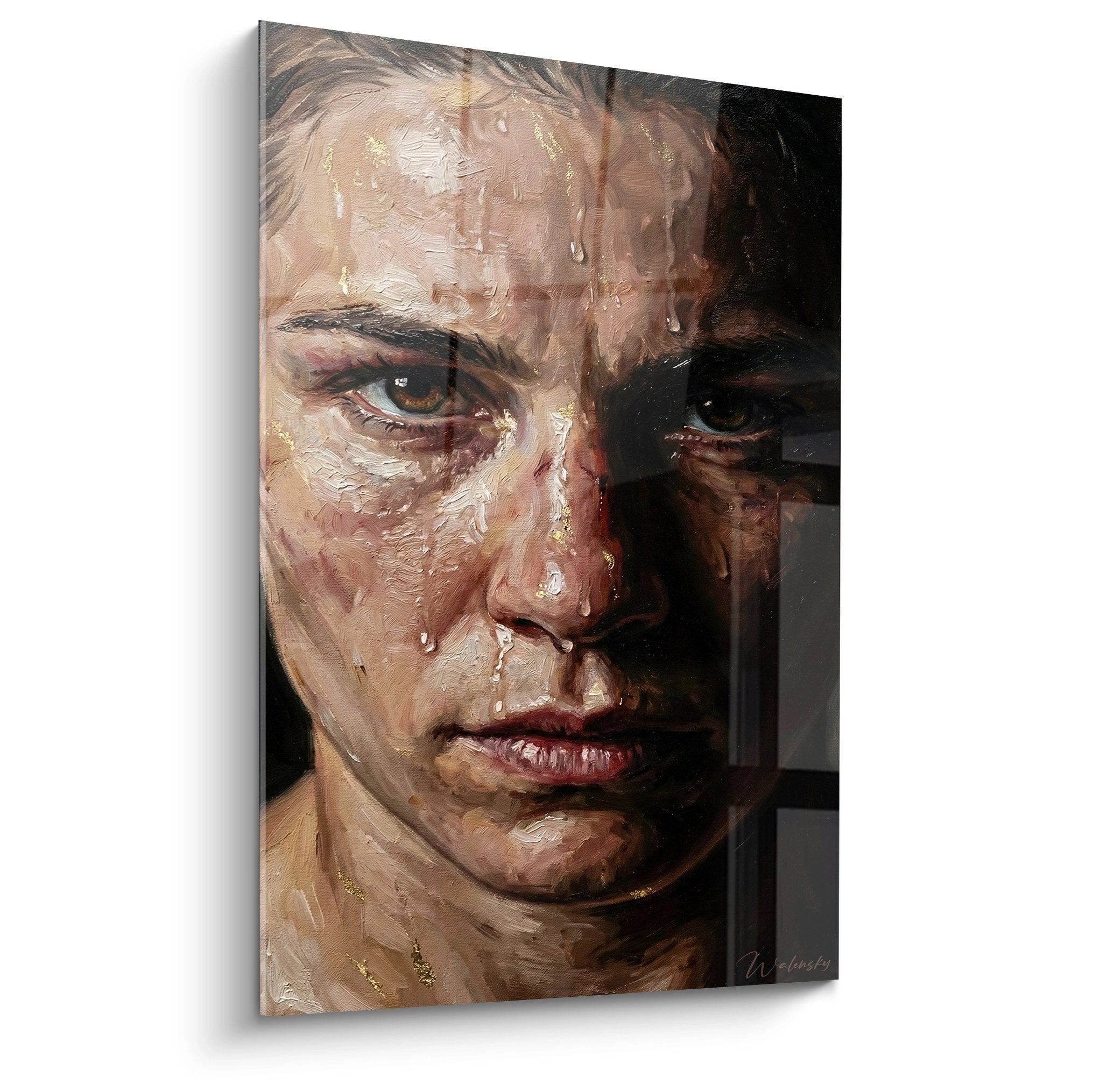 Tableau portrait hyperrealiste combattant MMA visage intense sueur gouttes eau art martial mixte