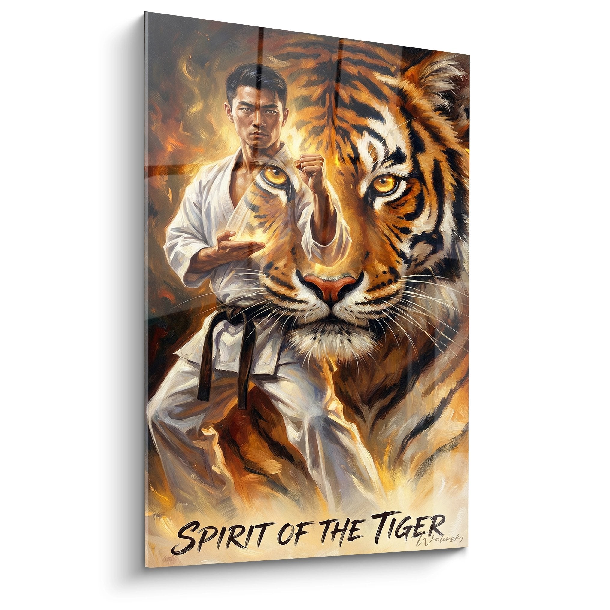 Tableau Spirit of the Tiger montrant un karateka en kimono blanc fusionnant avec la tete majestueuse d'un tigre orange