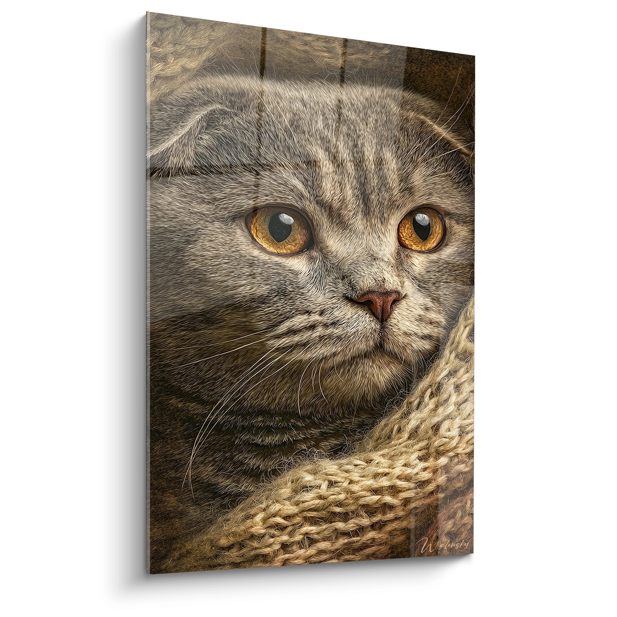 Gray Scottish Fold cat portrait painting with golden eyes on beige knitted background premium feline wall art