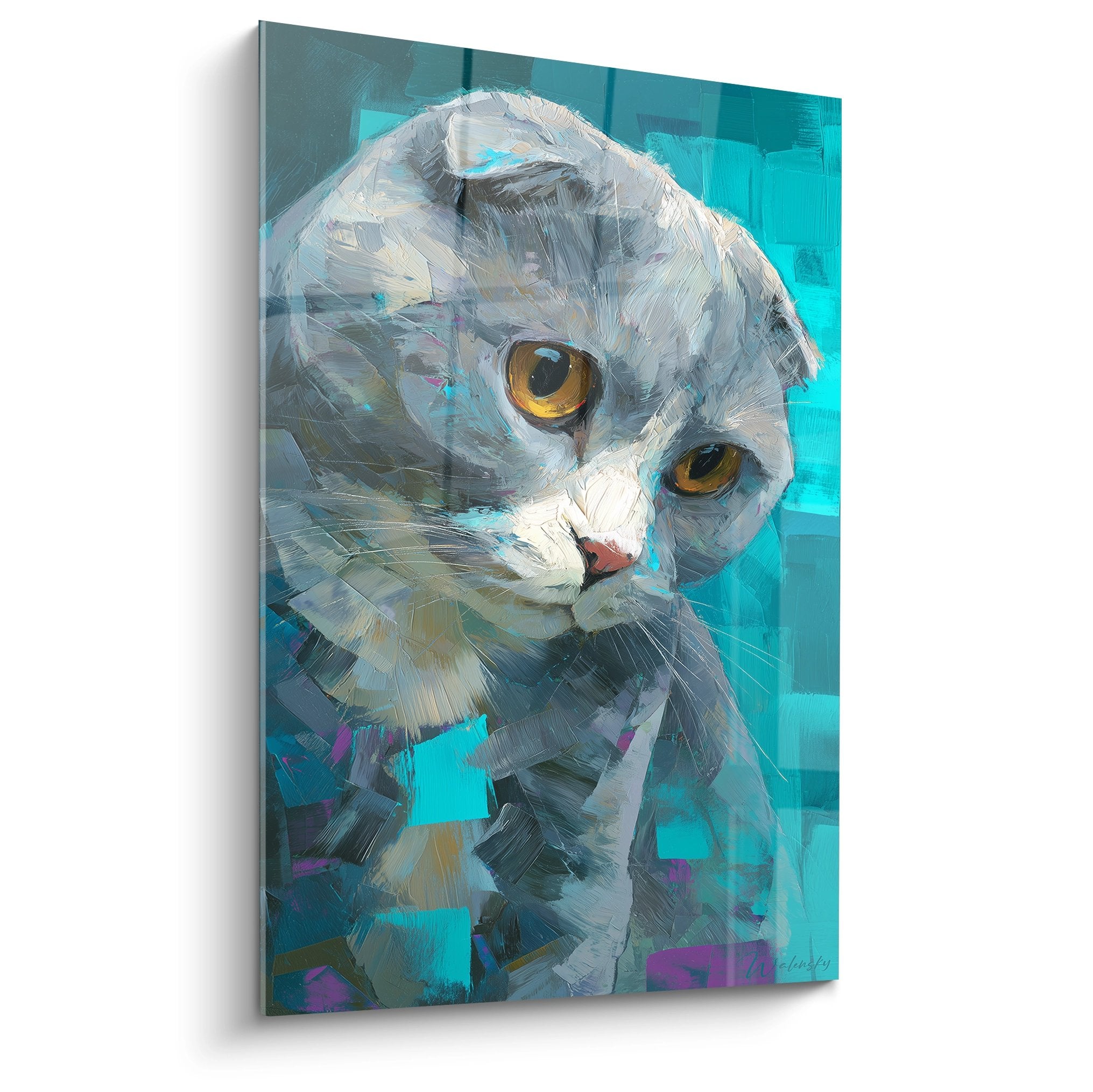 Artistic painting of a Scottish Fold cat with golden eyes on turquoise background, modern decorative wall art