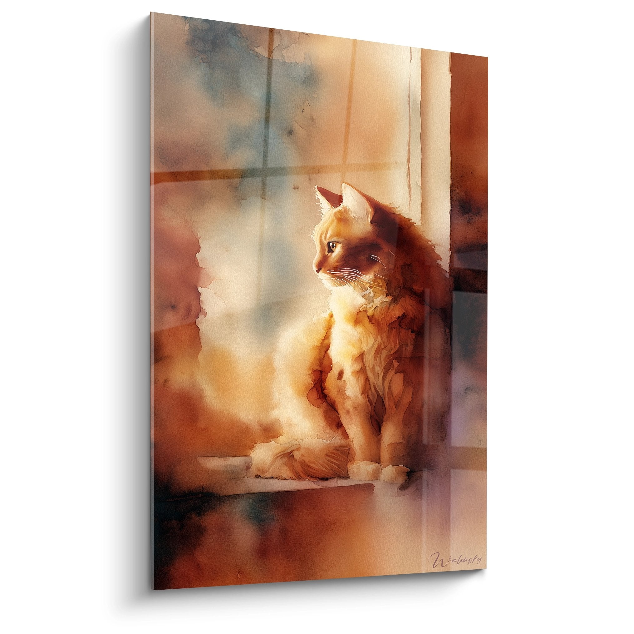 Tableau artistique chat Somali roux près d'une fenêtre dans lumière dorée, art mural décoratif