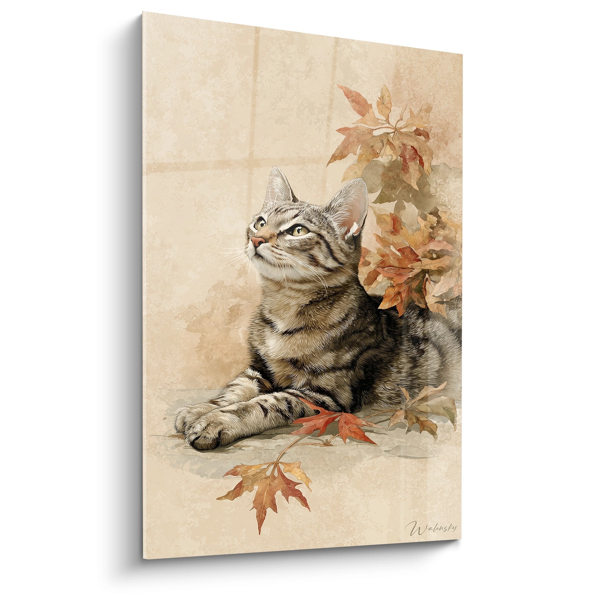 Tableau decoratif chat American Shorthair tabby assis avec feuilles automne fond beige style artistique