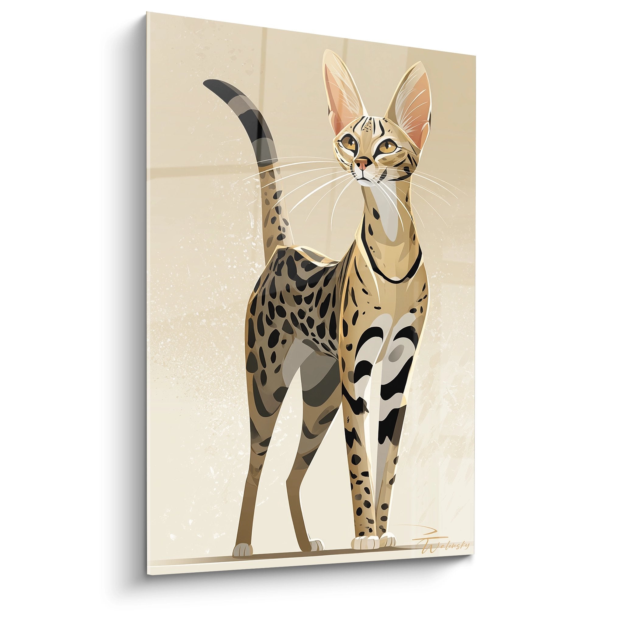 Tableau artistique chat Savannah au pelage tacheté, style vectoriel moderne sur fond beige