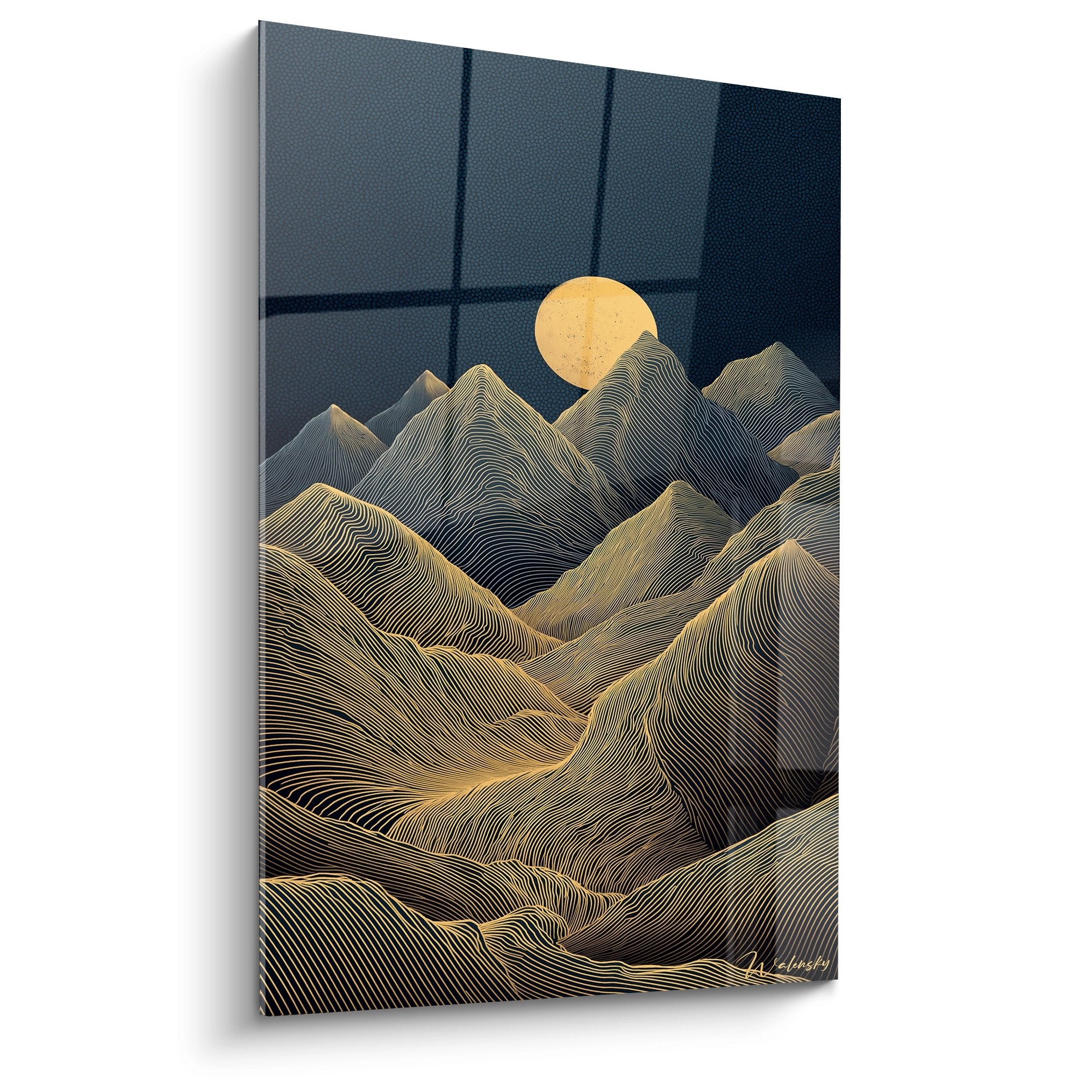 Art deco mountain landscape painting with wavy golden lines and moon on dark blue background