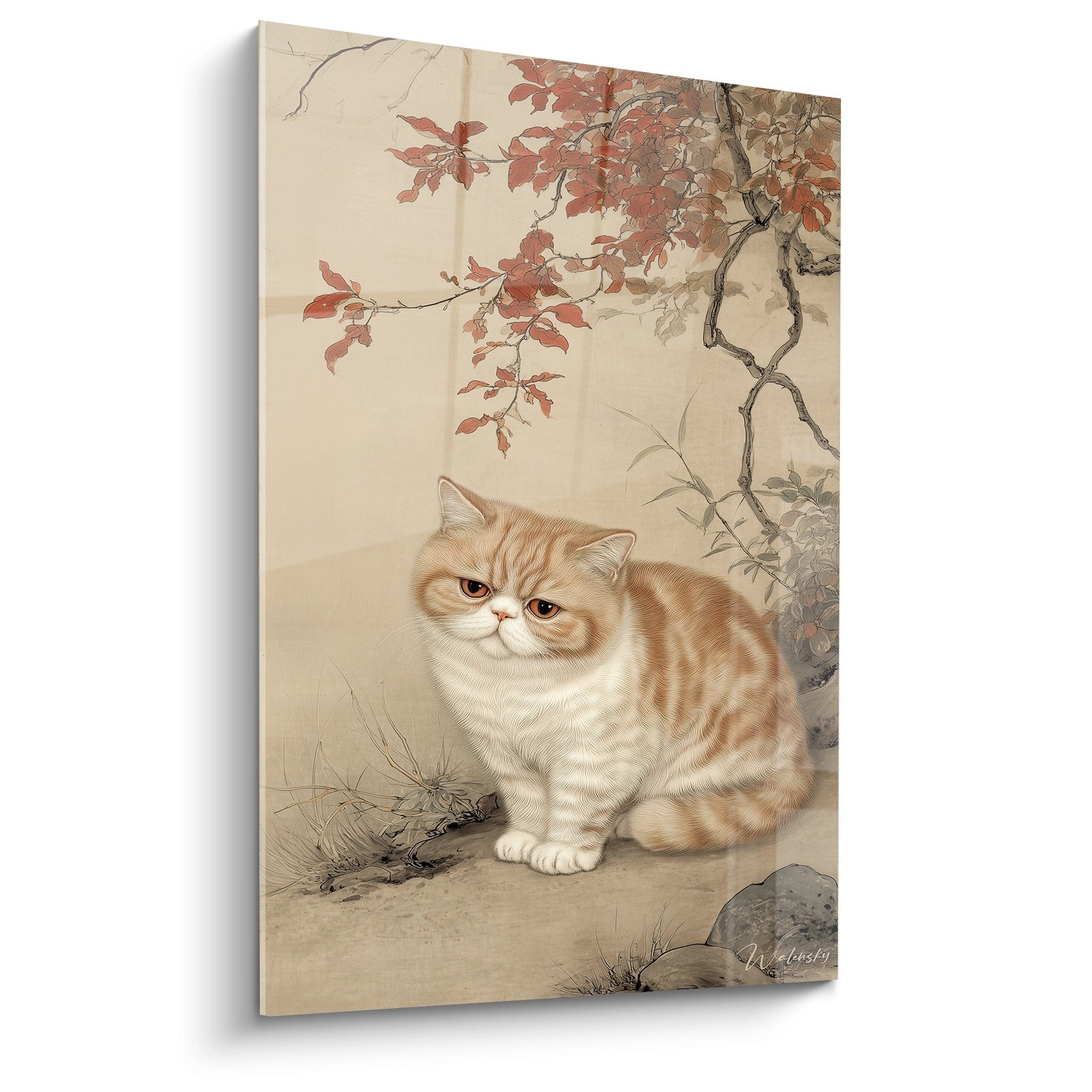 Tableau chat Exotic Shorthair roux sous cerisier automne style art oriental decoration murale