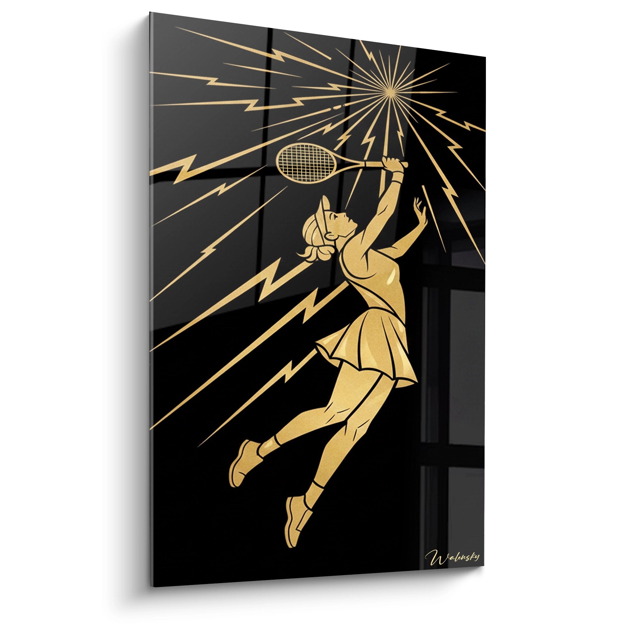 Tableau mural tennis joueuse femme silhouette dorée fond noir rayons lumineux art décoratif sport élégant