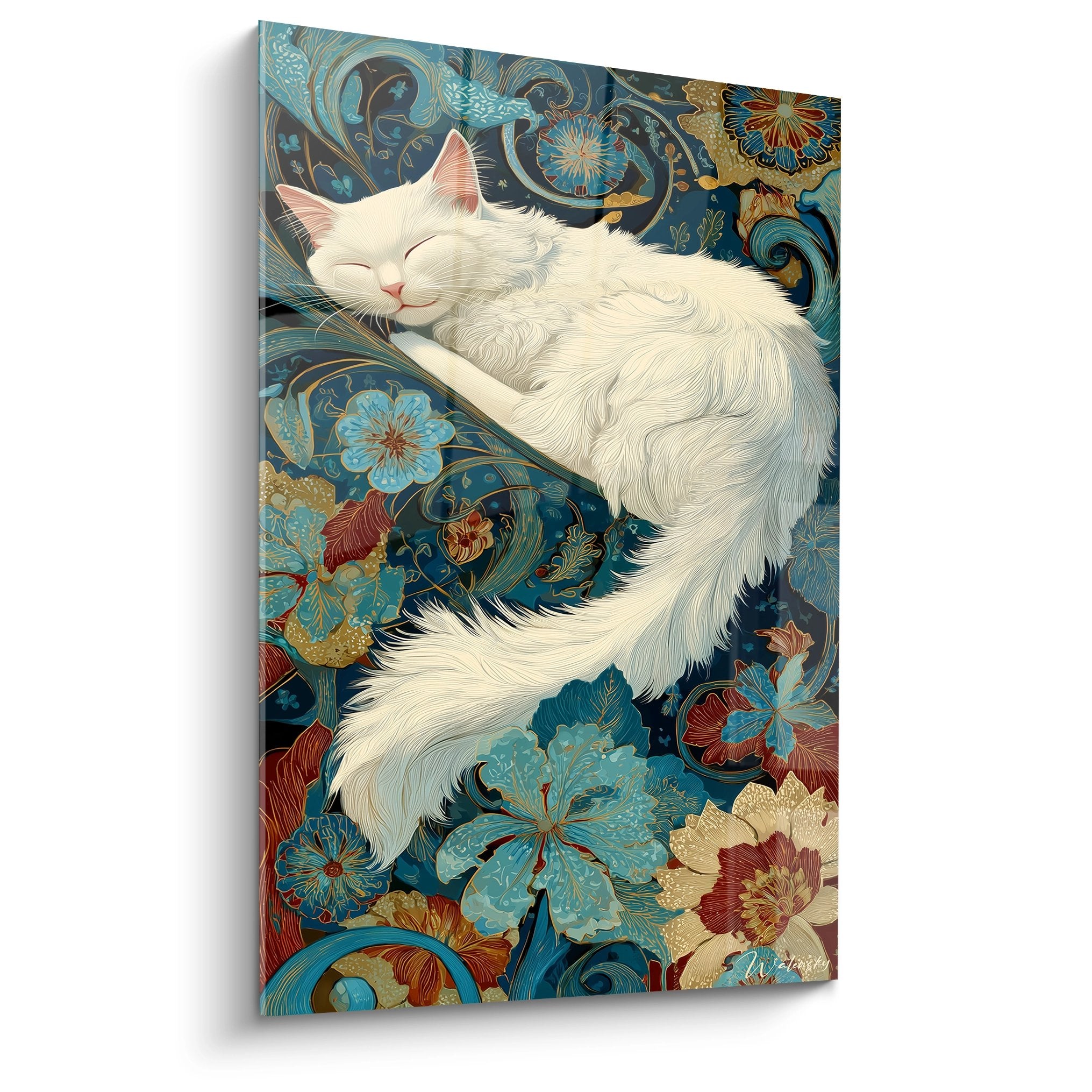 Wall art Turkish Angora white cat sleeping on turquoise and gold oriental floral patterns background
