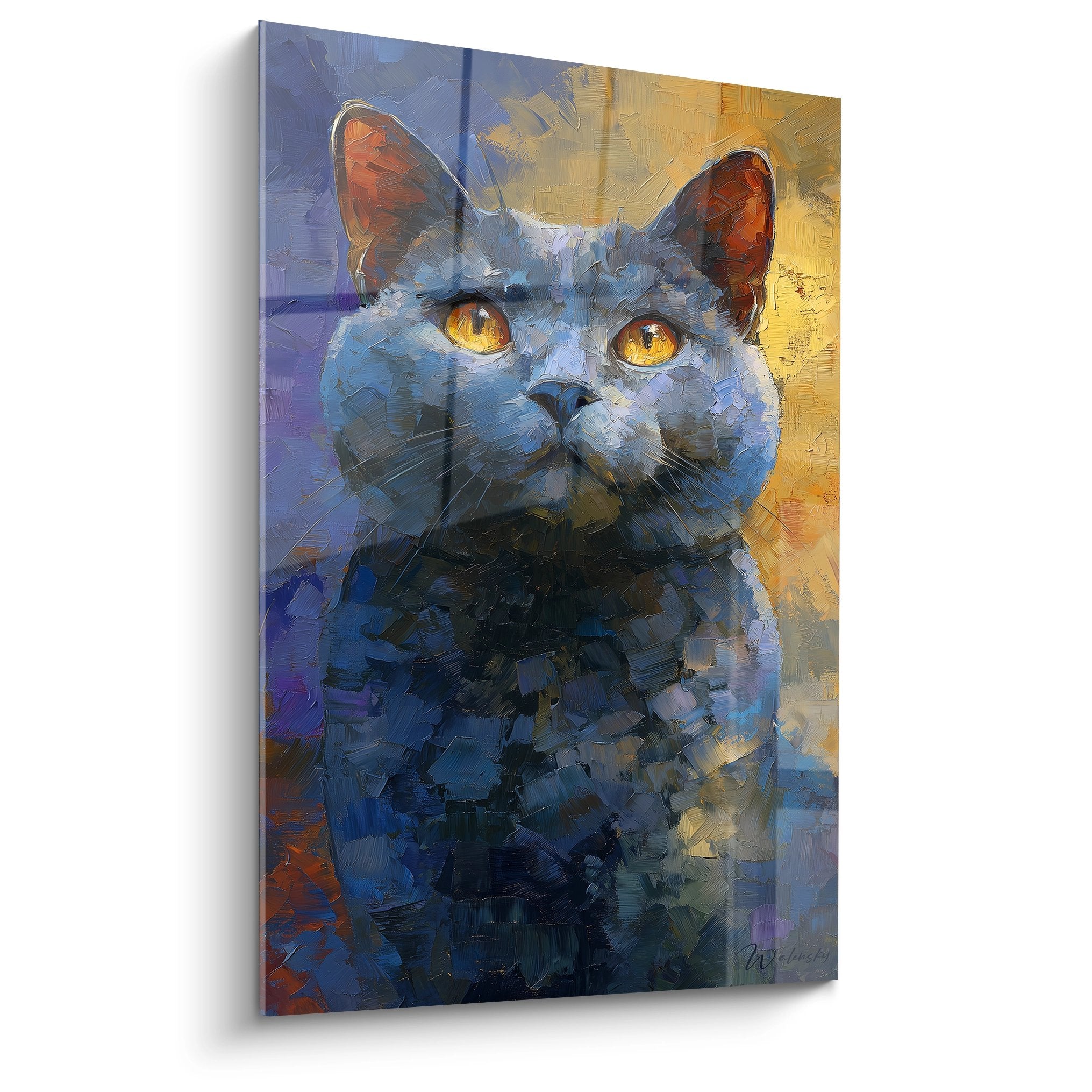 Tableau moderne de chat Chartreux aux yeux dorés sur fond bleu, peinture artistique murale féline contemporaine