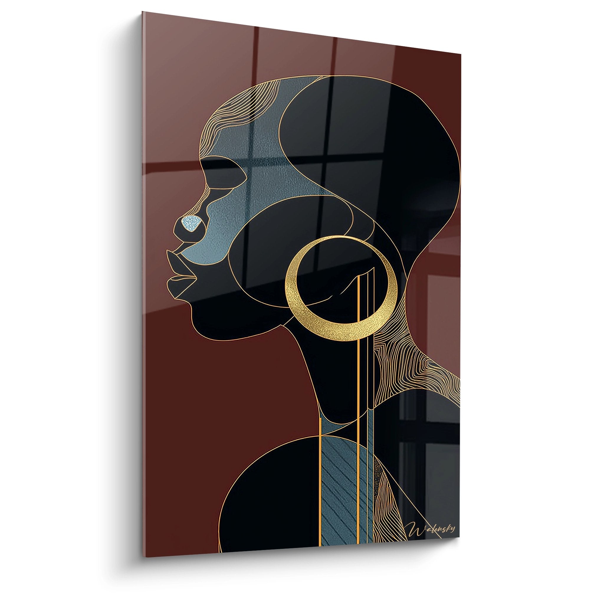 Tableau portrait stylise femme africaine profil avec motifs geometriques dores sur fond terre de sienne