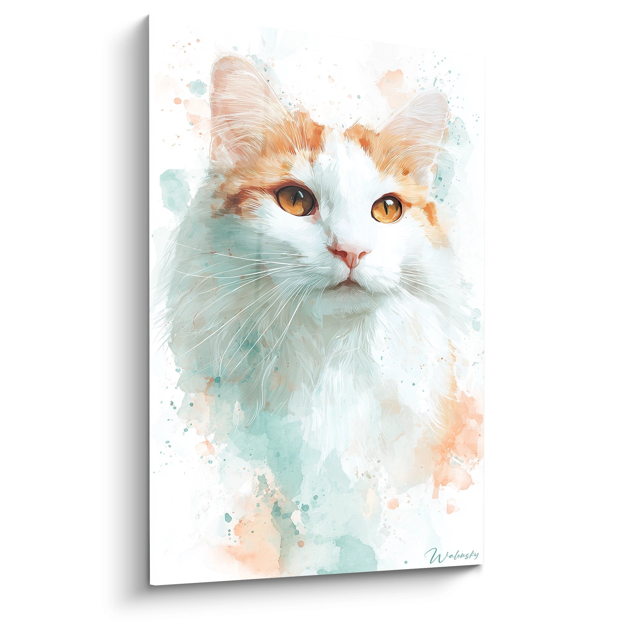 Tableau aquarelle chat Turkish Van aux yeux dorés sur toile, art mural décoratif moderne style portrait félin