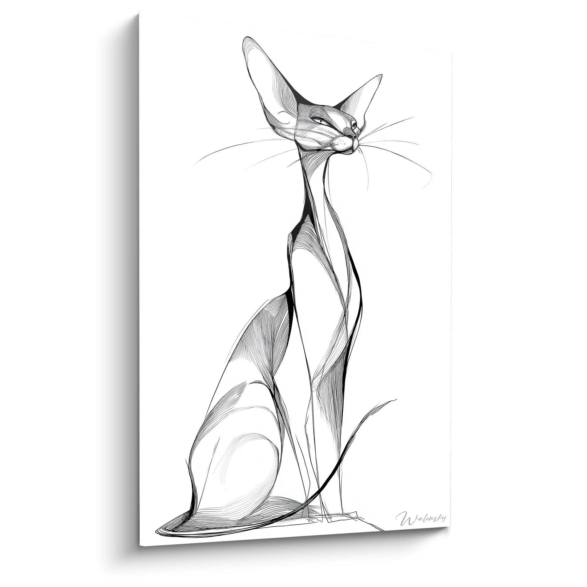 Minimalist black and white cat wall art sitting in elegant pose contemporary graphic style