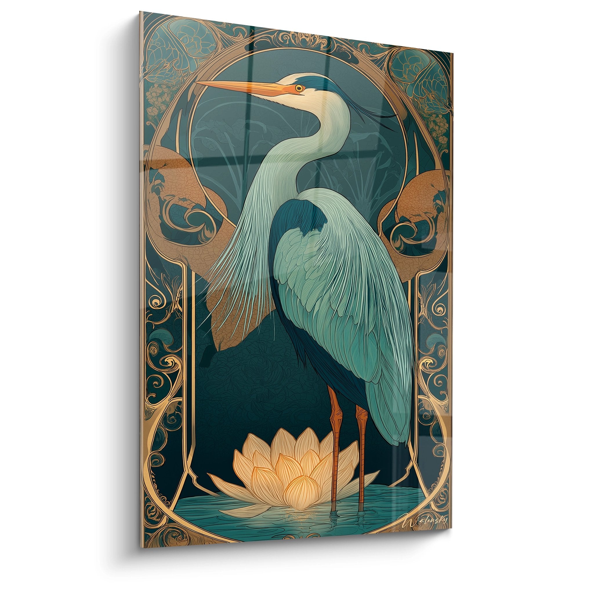 Dekoratives Gemälde Reiher Jugendstil mit vergoldeten Verzierungen Art-déco-Stil auf türkisem Hintergrund und Lotus