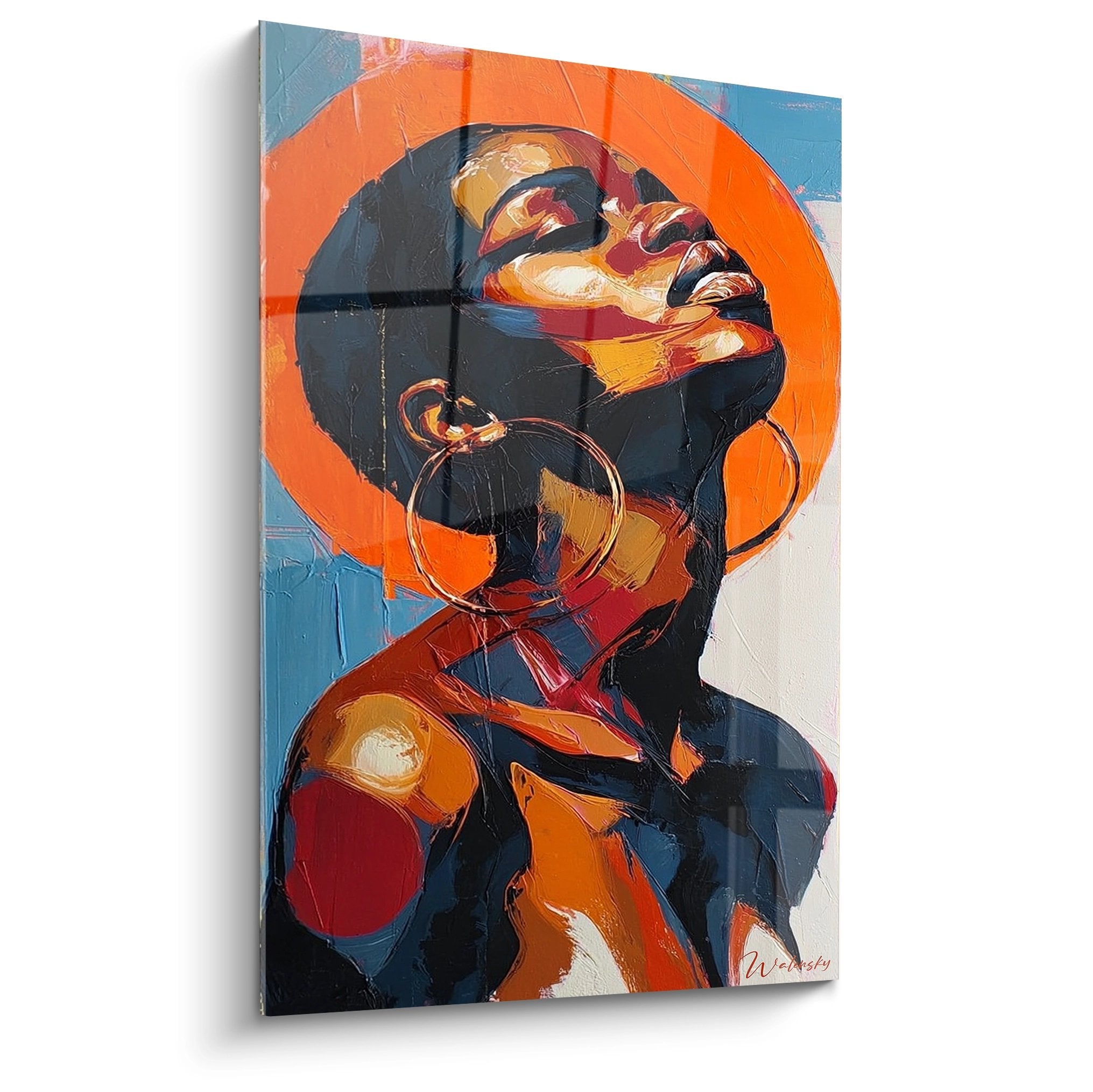 Quadro ritratto africano contemporaneo con colori vivaci arancione e blu, stile espressionista moderno