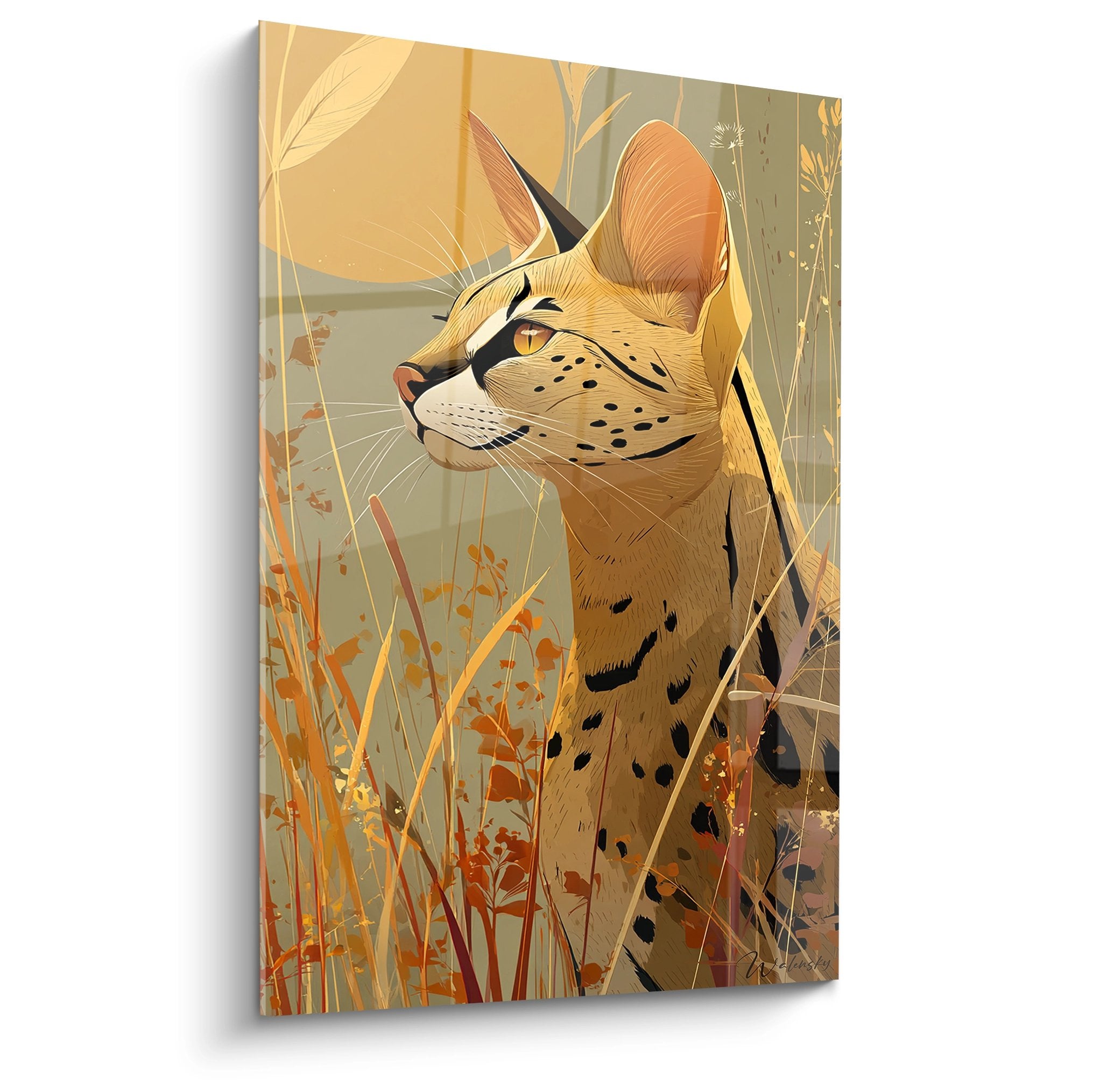 Tableau artistique chat Savannah tacheté regardant au loin dans les hautes herbes dorées style contemporain