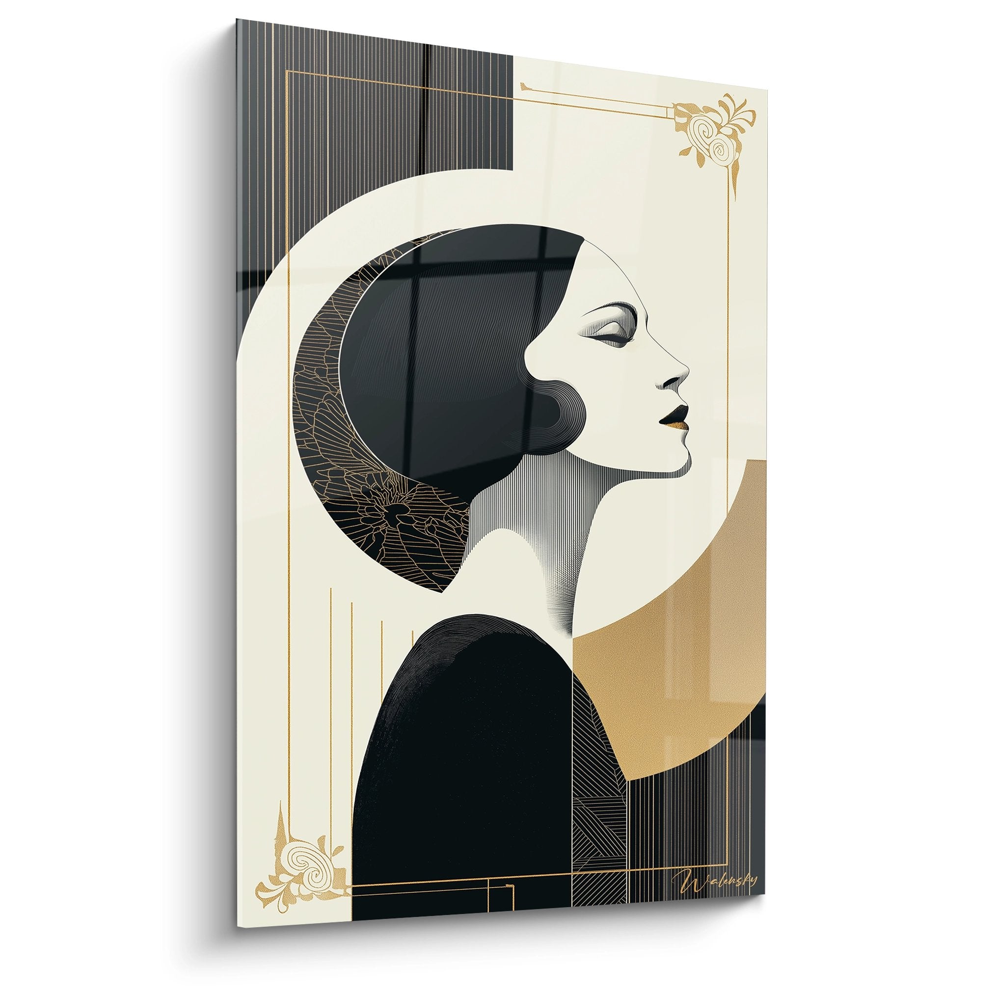 Quadro art deco ritratto donna profilo geometrico nero bianco oro decorazione murale moderna elegante