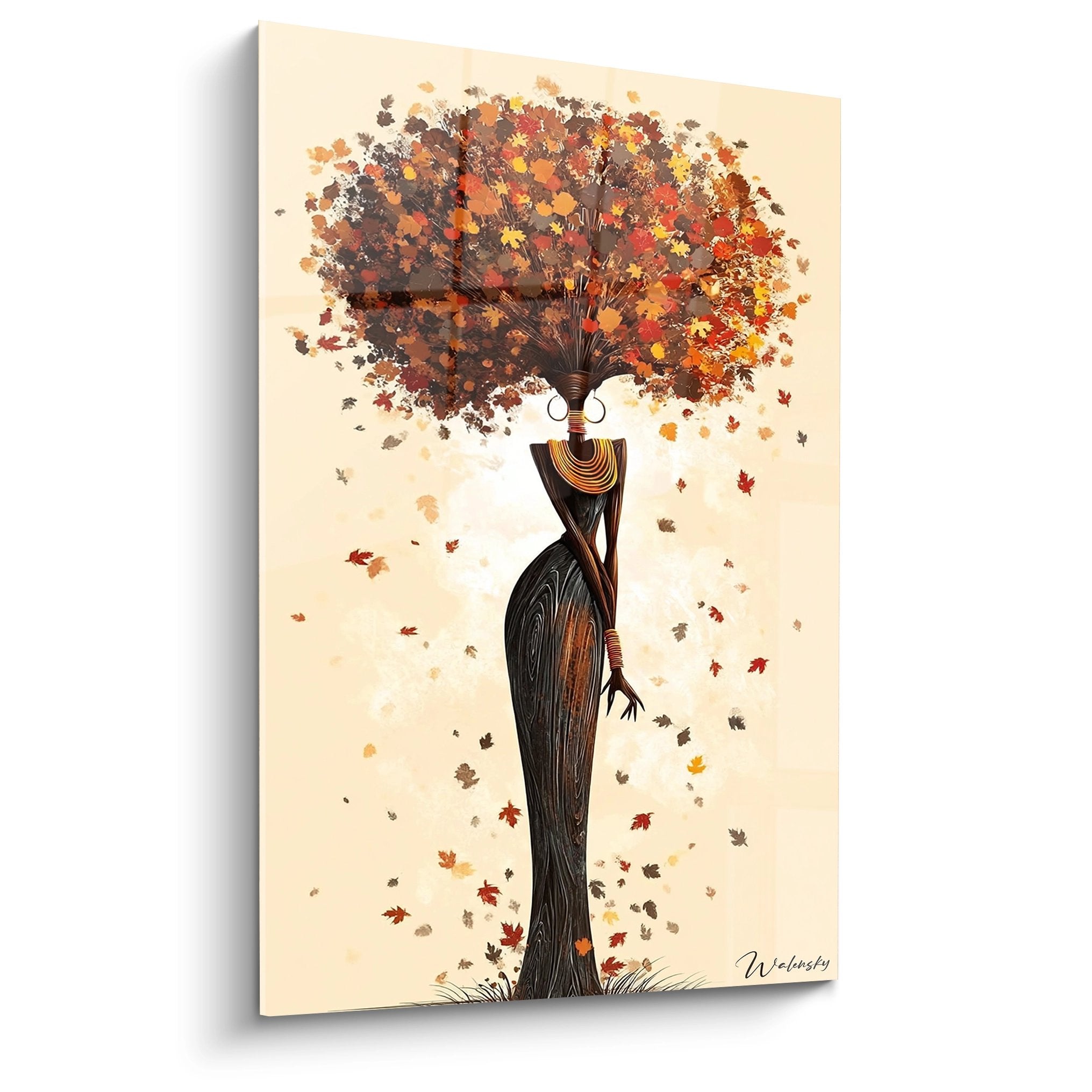 Tableau artistique femme africaine avec chevelure en feuilles automnales colorées sur fond beige