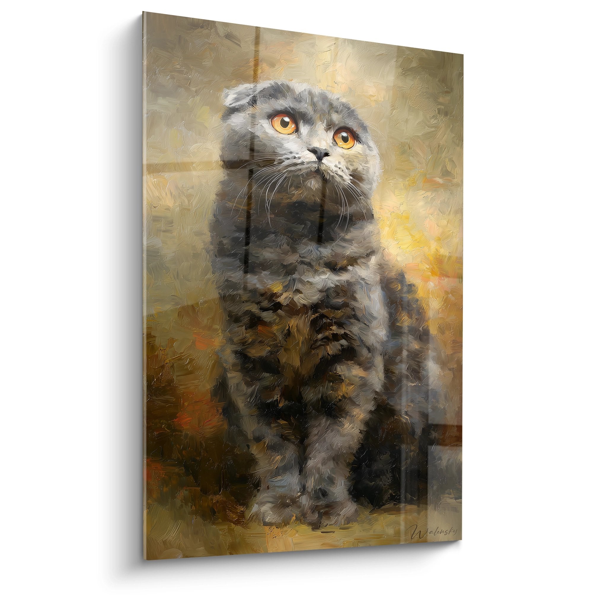 Artistic painting Scottish Fold cat sitting with golden eyes on warm background, decorative wall art
