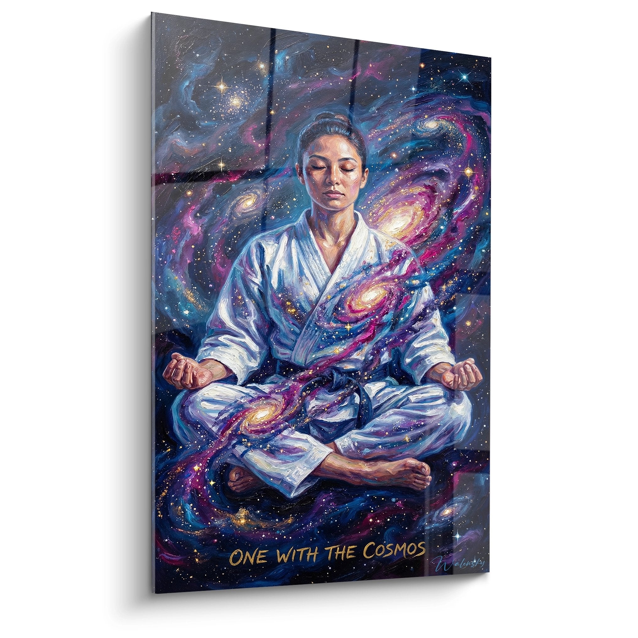 Tableau karateka en méditation dans cosmos étoilé avec galaxies colorées - art martial zen spirituel