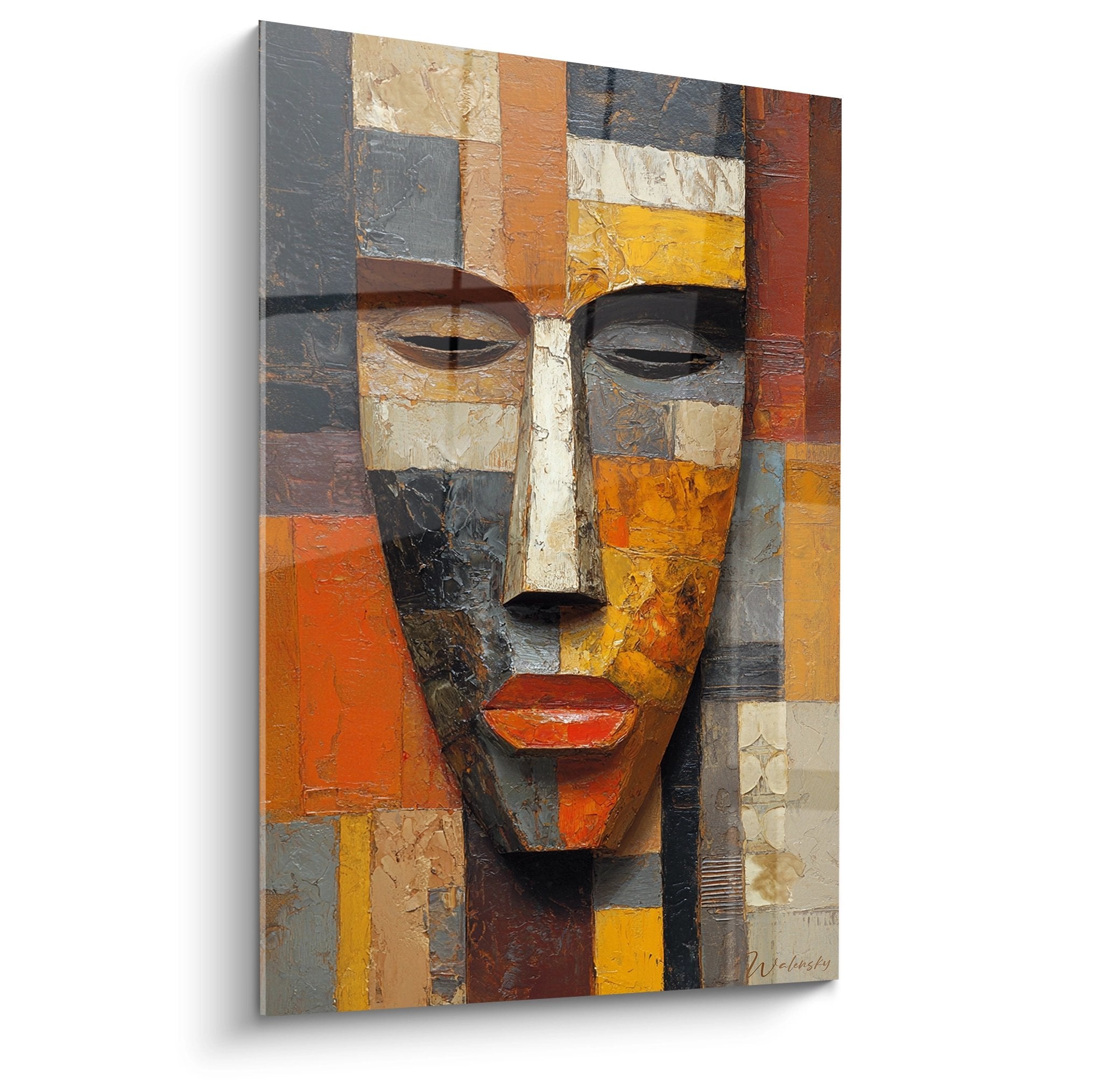 Quadro maschera cubista africana nei toni terra di siena e ocra, stile arte tribale moderna con viso geometrico