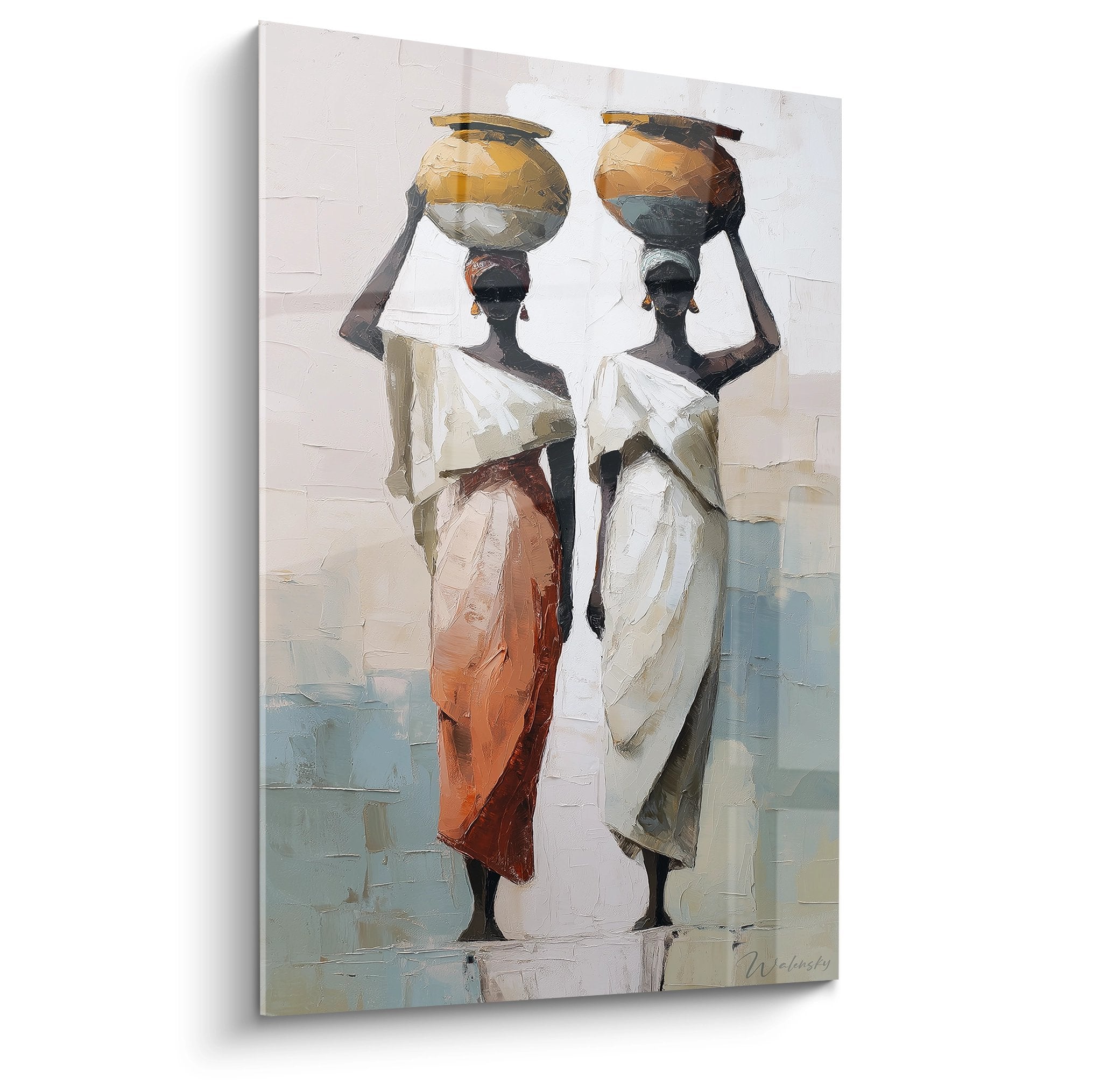 Tableau artistique de deux femmes africaines portant des jarres d'eau, style peinture contemporaine