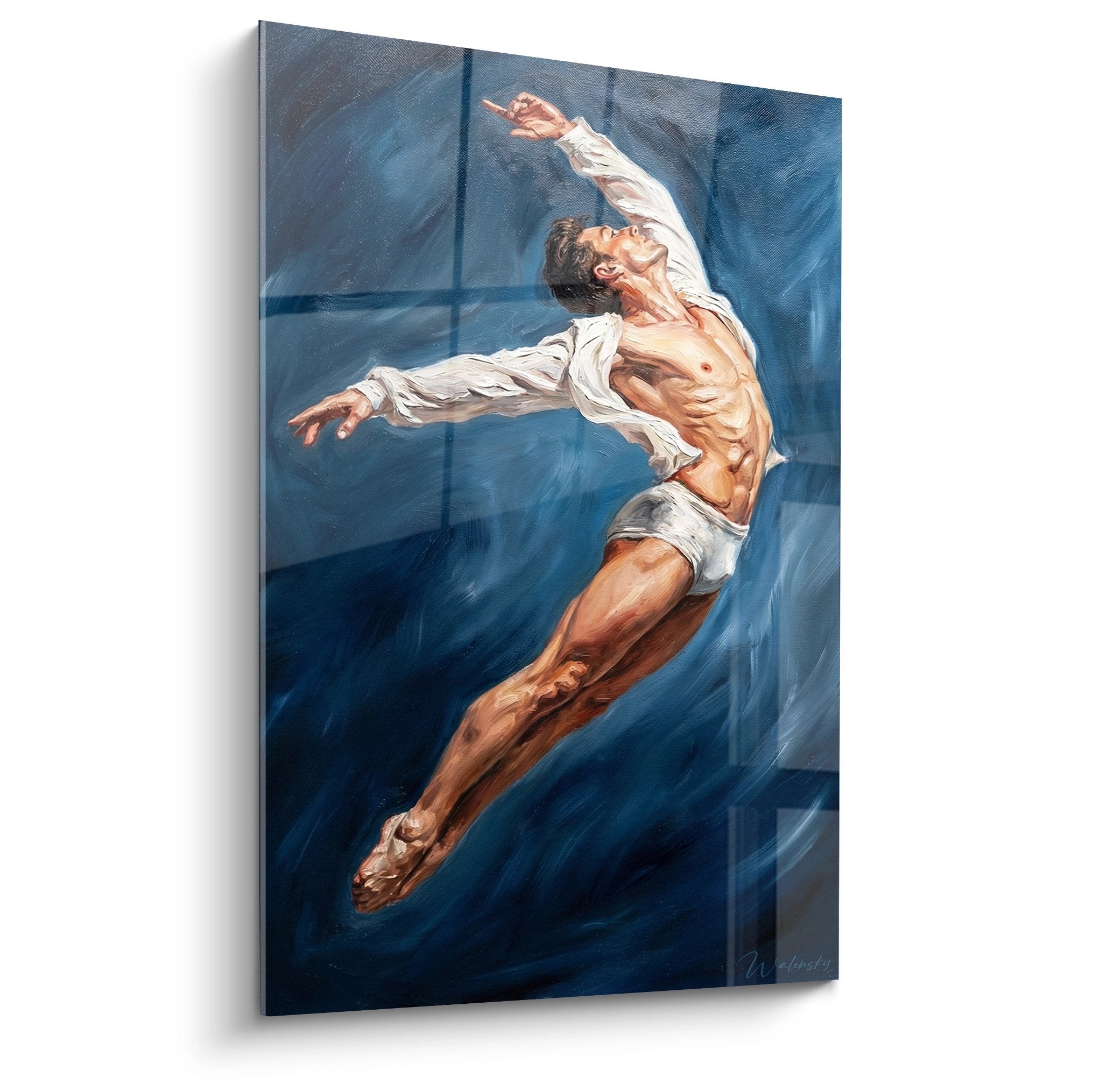 Dancer man moving in artistic motion on blue background, contemporary painting modern dance