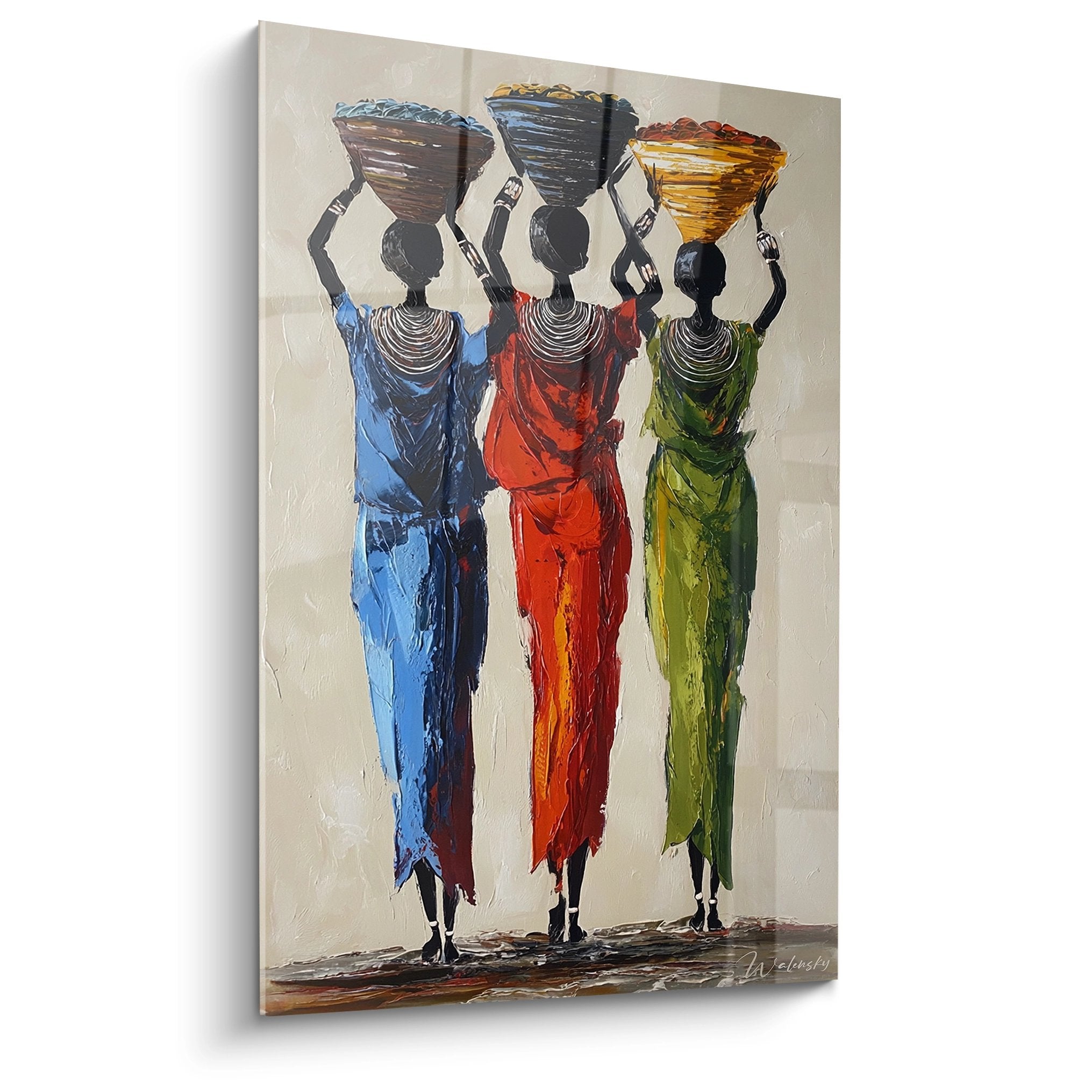 Wall art three African women carriers in colorful blue red green dresses with baskets on their heads
