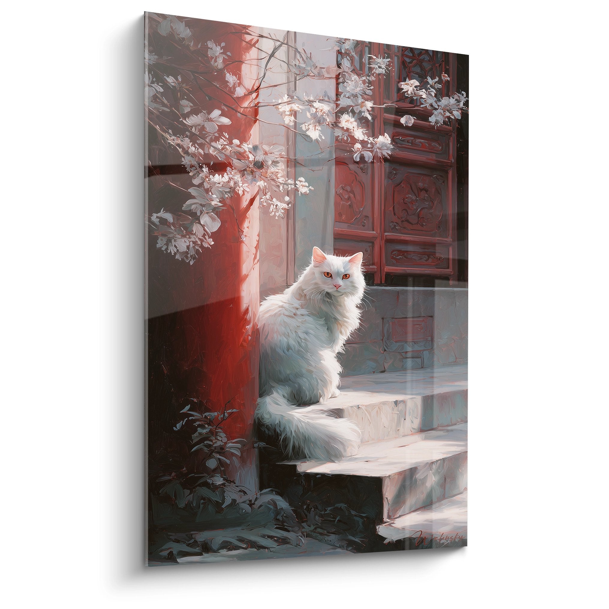 White Turkish Angora cat painting in zen garden with cherry blossoms and traditional Asian architecture