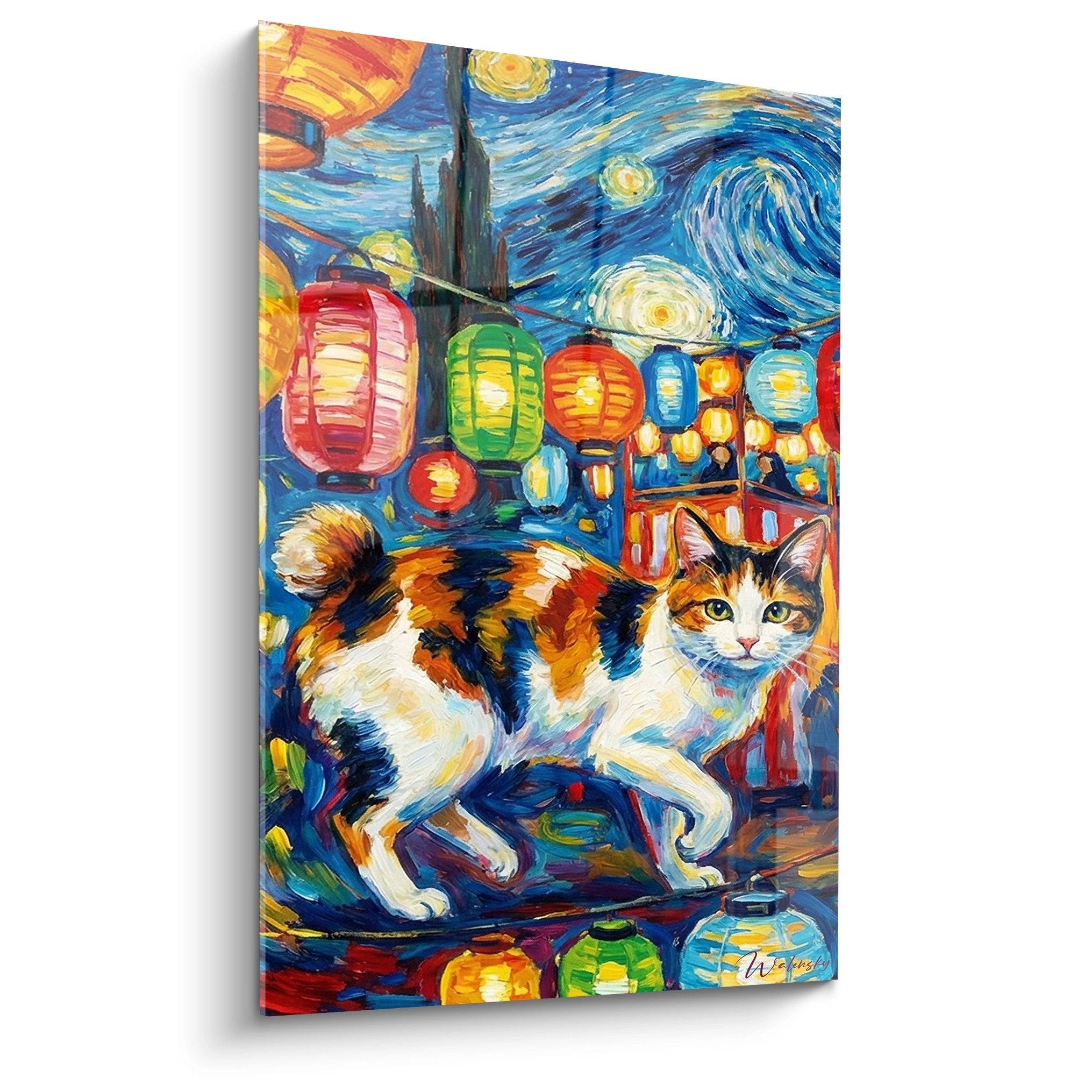 Tableau chat Japanese Bobtail tricolore sous lanternes japonaises colorees style nuit etoilee Van Gogh