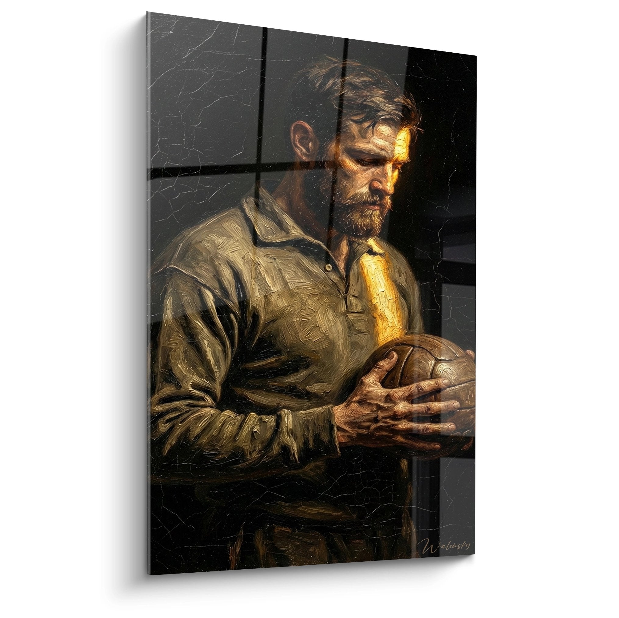 Tableau portrait d'un homme barbu travaillant le cuir, peinture realiste aux tons chauds pour decoration murale