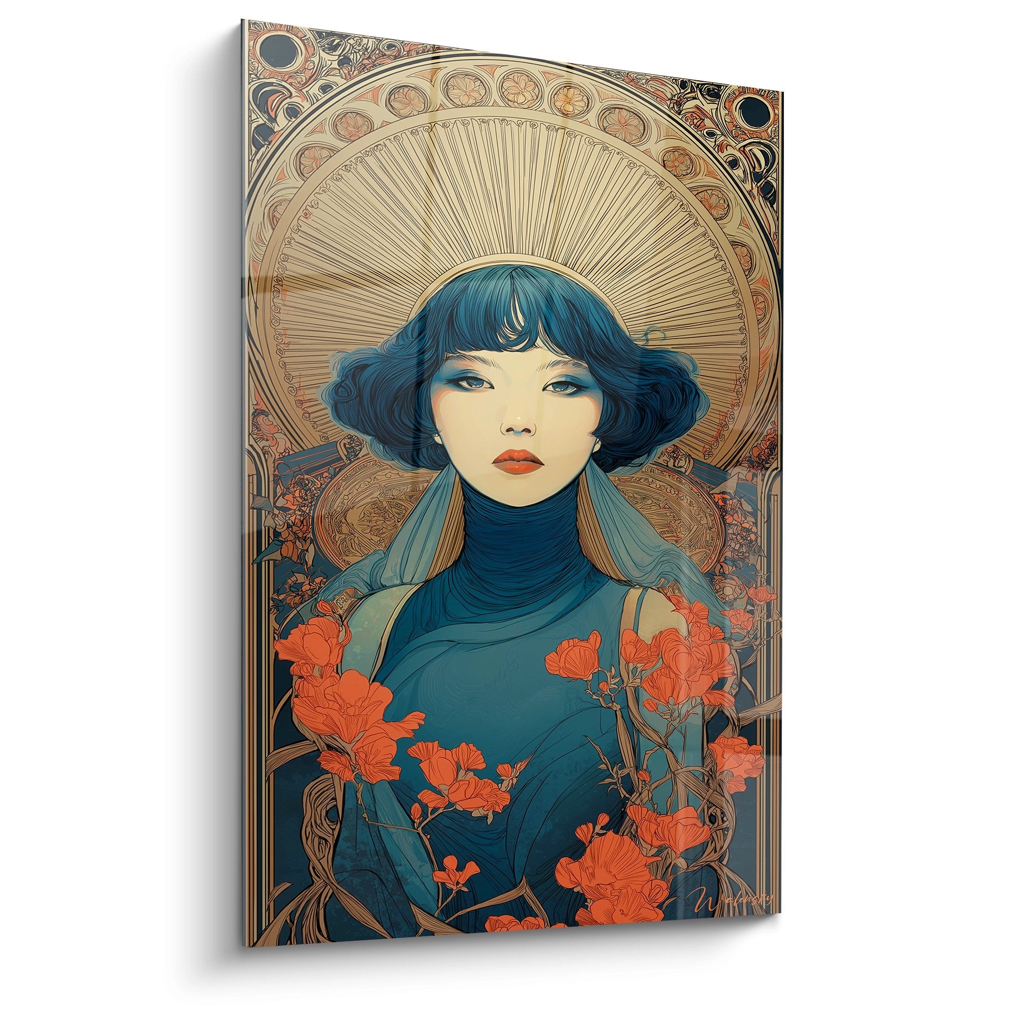 Art nouveau woman painting with blue hair, orange poppies and golden halo art deco style