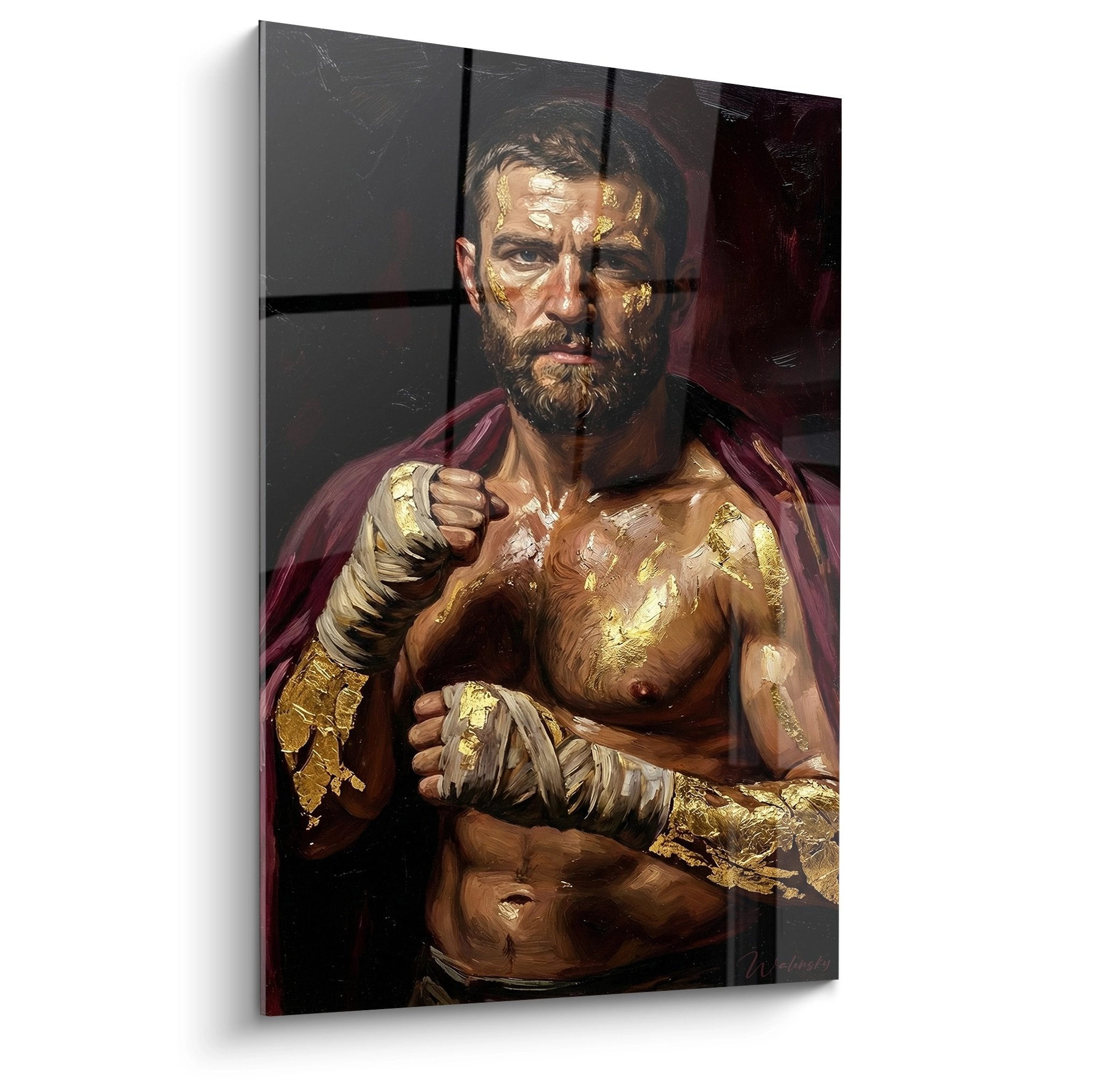 Tableau mural representant un combattant MMA torse nu avec bandages dans une pose heroique aux tons dores