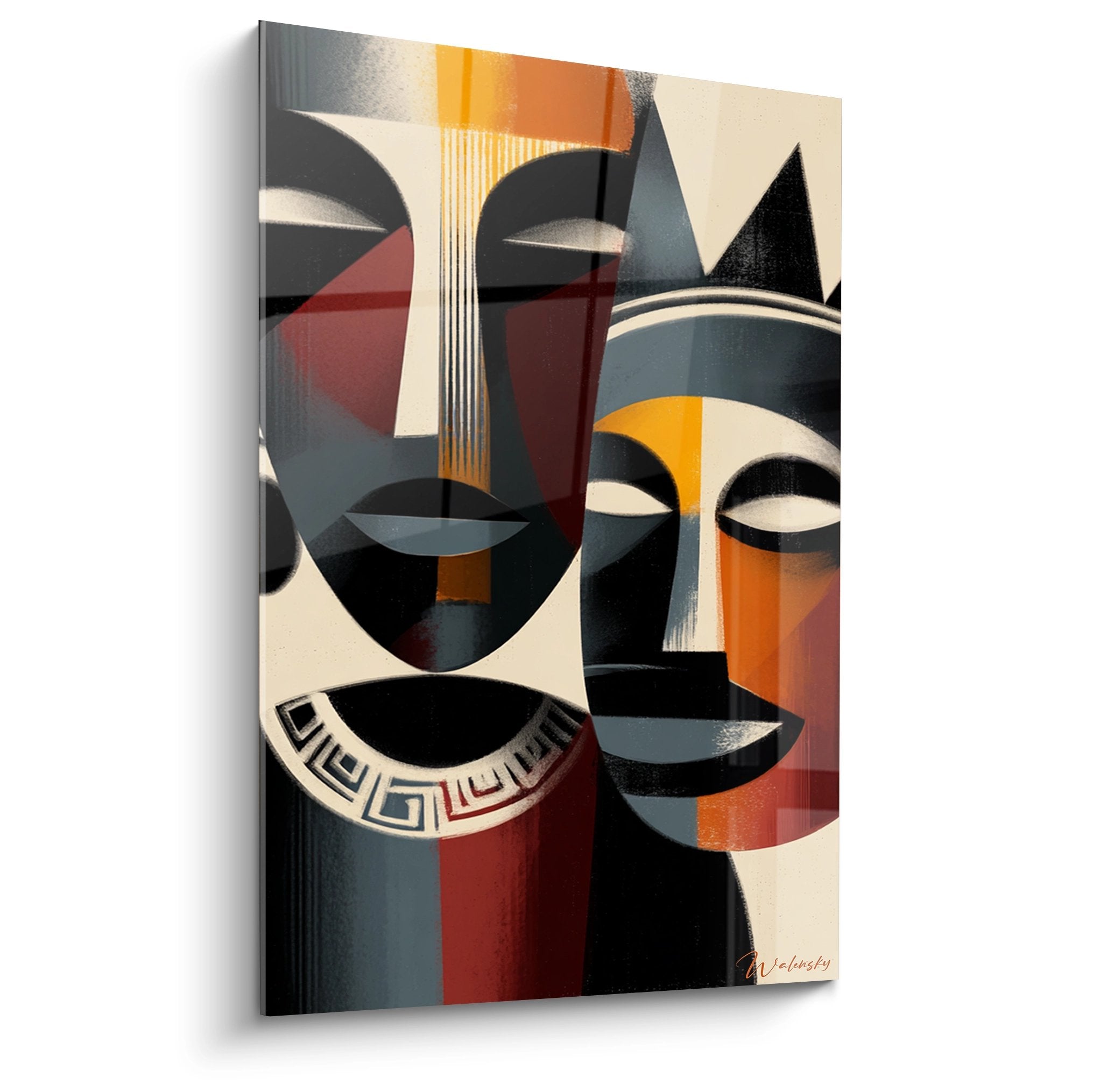 Quadro moderno che raffigura due maschere africane astratte con motivi geometrici colorati in stile arte tribale