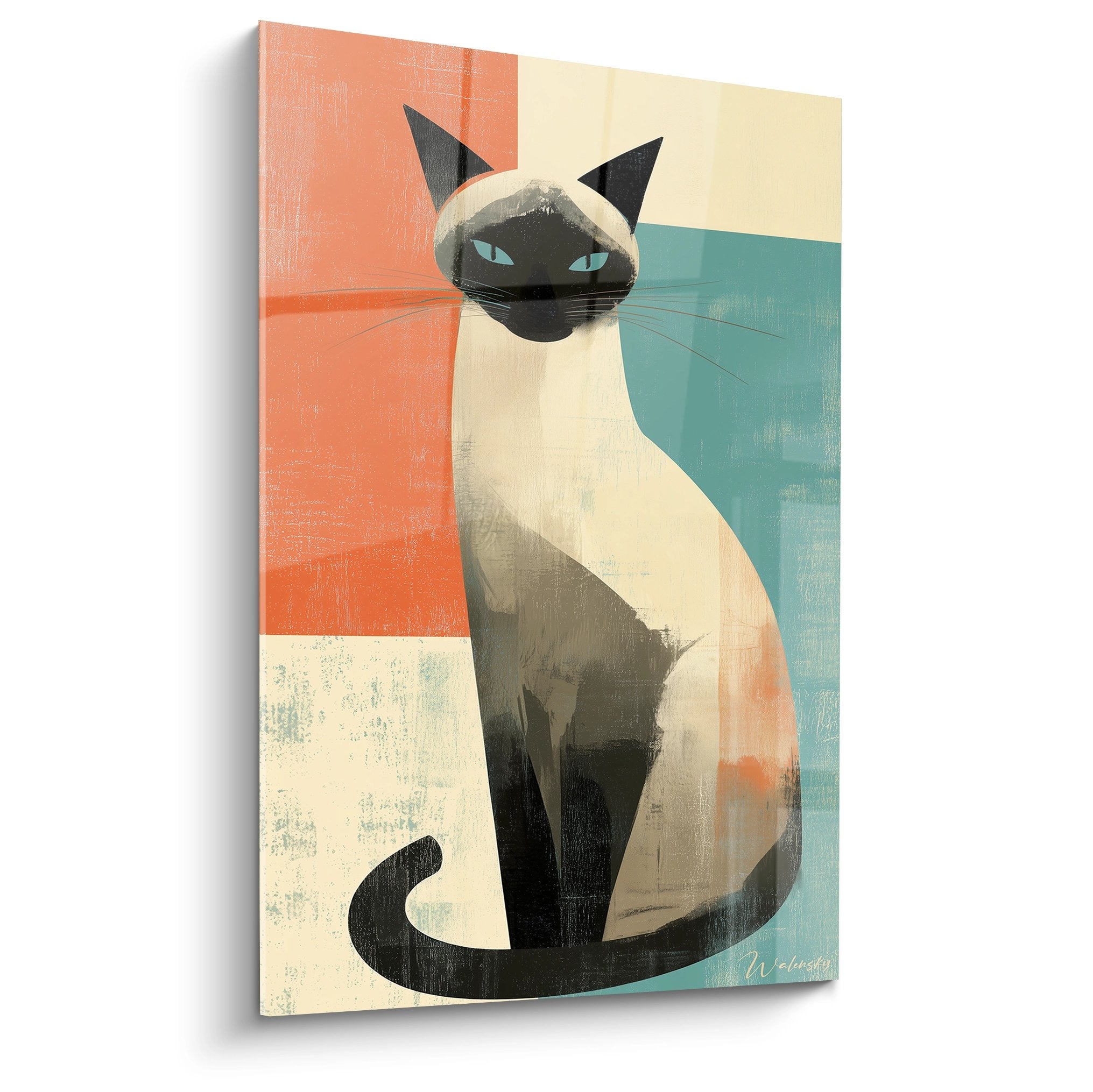 Siamese cat wall art stylized modern geometric painting coral turquoise colors contemporary wall decoration